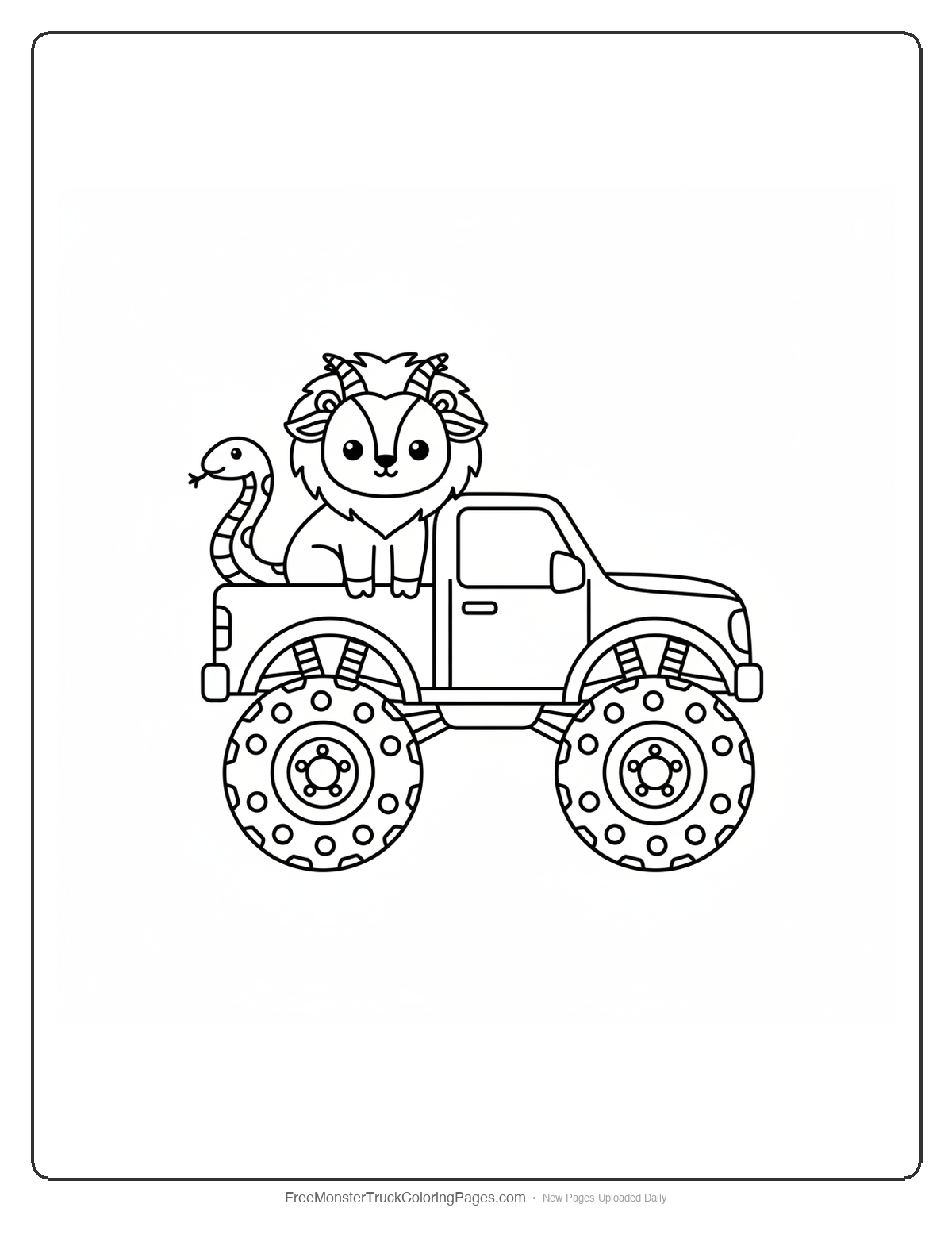 Black and white coloring page of a simple monster truck with a small cartoon chimera creature sitting on top