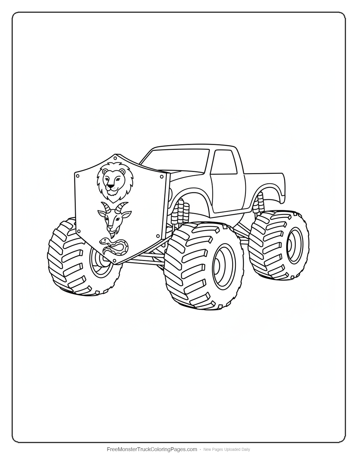 Black and white coloring page of a monster truck with a shield grille showing three animal faces stacked