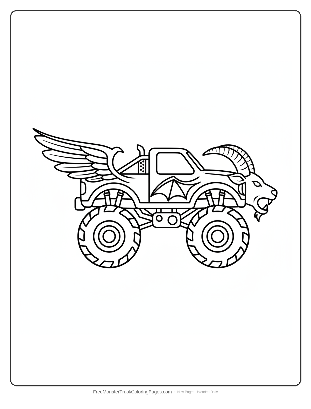 Black and white coloring page of a monster truck with a dragon wing fender on one side and a bat wing fender on the other