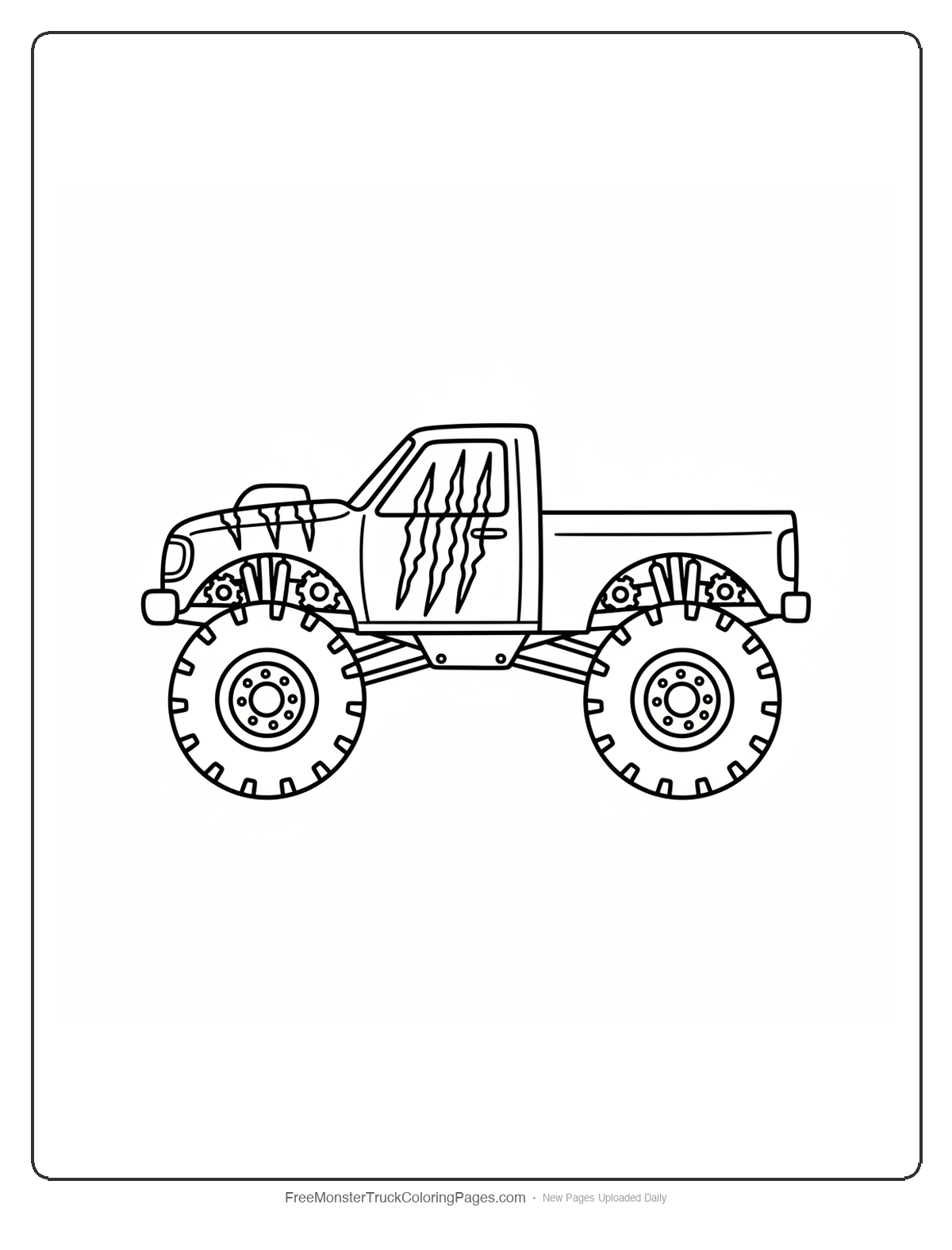Black and white coloring page of a monster truck hood with three deep claw scratch gouge marks cut through the metal showing the engine