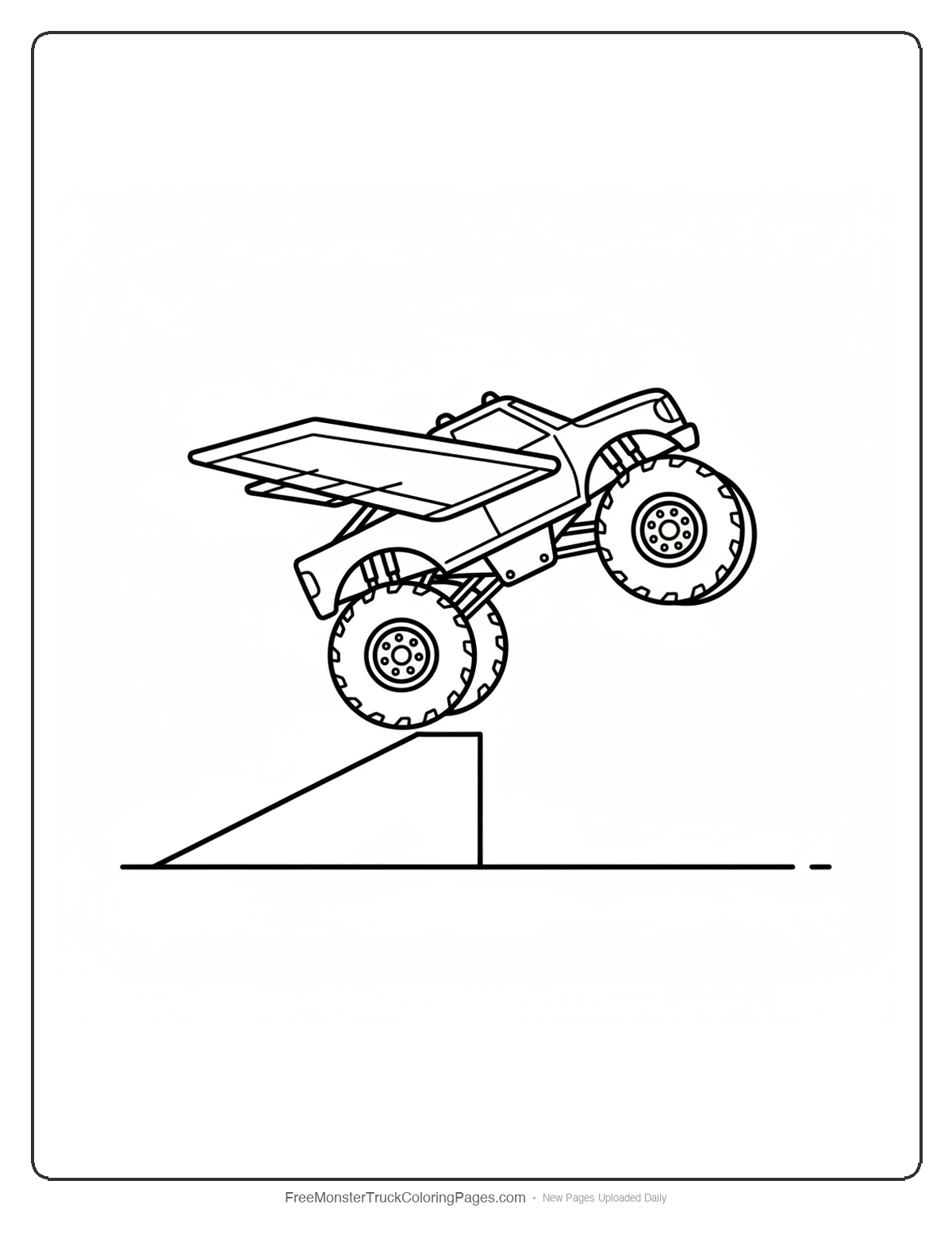 Black and white coloring page of a monster truck launching off a ramp with all wheels off the ground and fixed metal wings spread wide