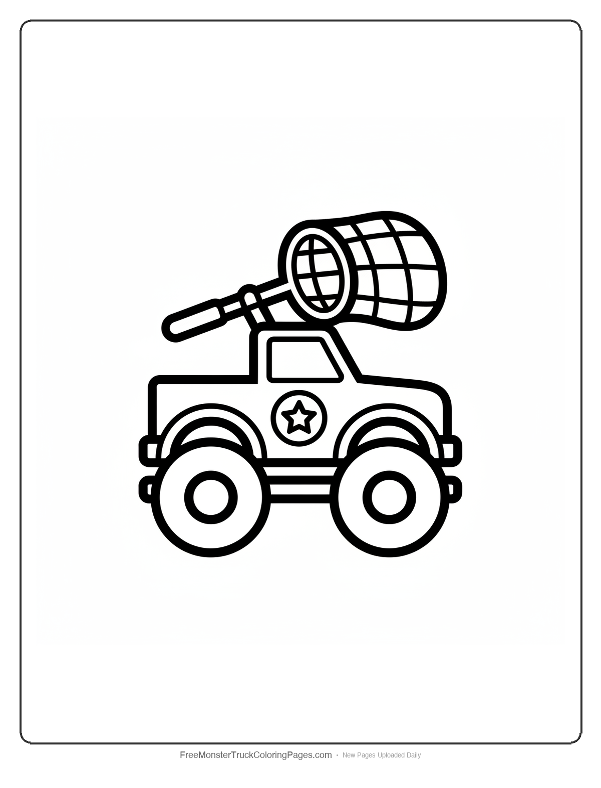 Black and white coloring page of a simple monster truck with a large net on top, detective theme, thick outlines
