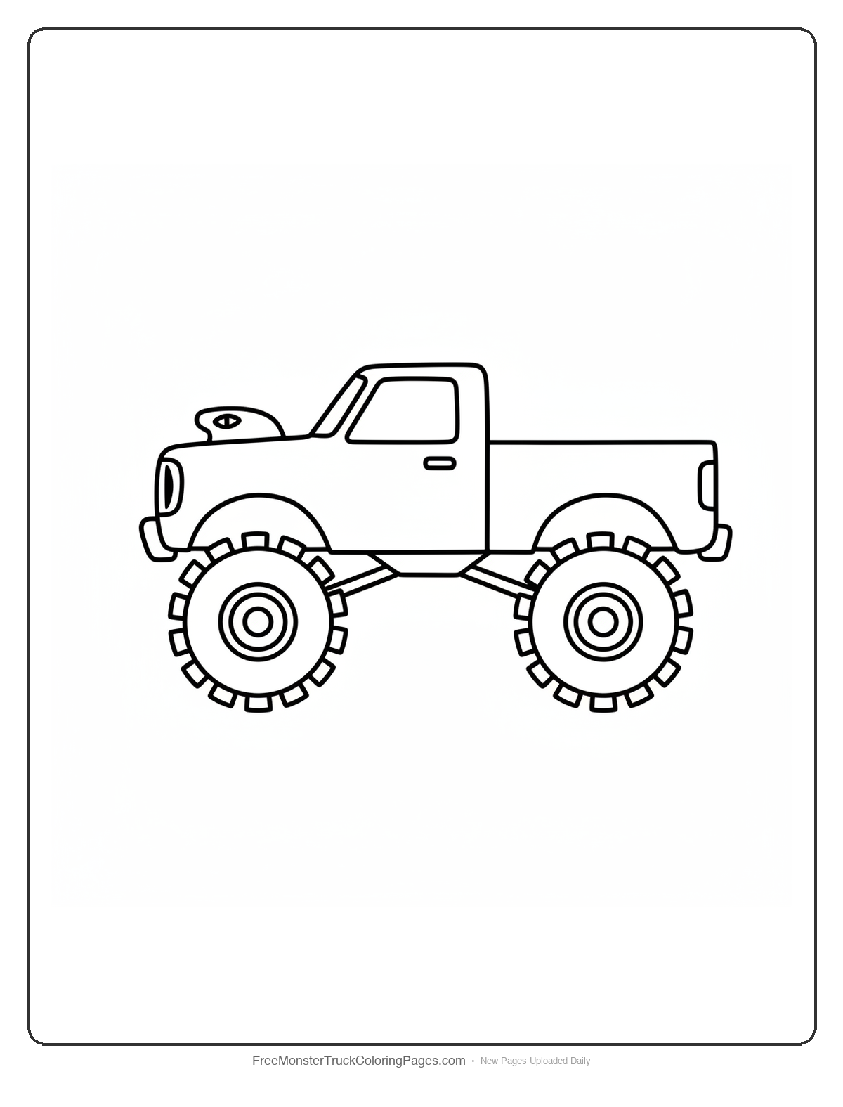 Black and white coloring page of a monster truck with narrow slit cobra eye headlights and a snake nose hood scoop
