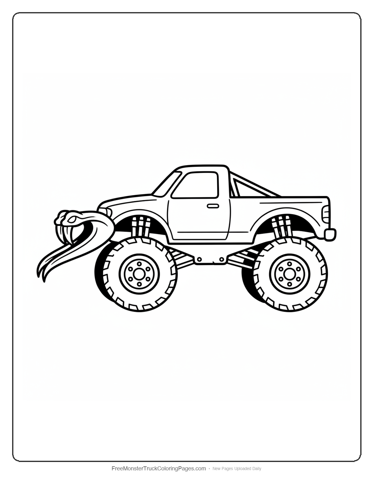 Black and white coloring page of a monster truck with two long curved cobra fang shapes as the front bumper