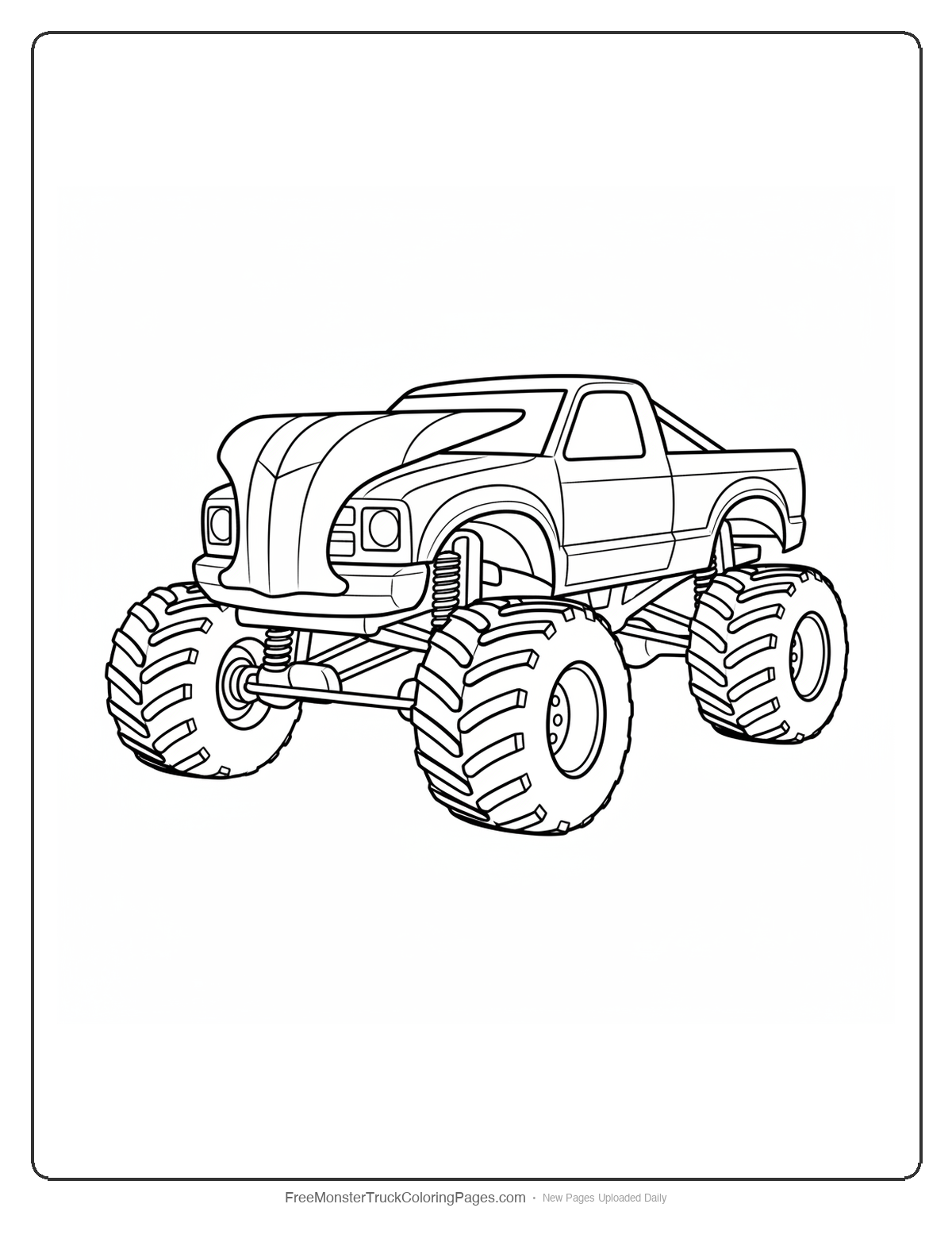 Black and white coloring page of a monster truck with hood panels that flare wide like a cobra spreading its hood
