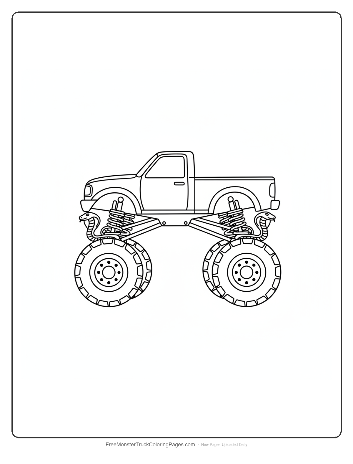Black and white coloring page of a monster truck with suspension springs shaped like coiled cobras
