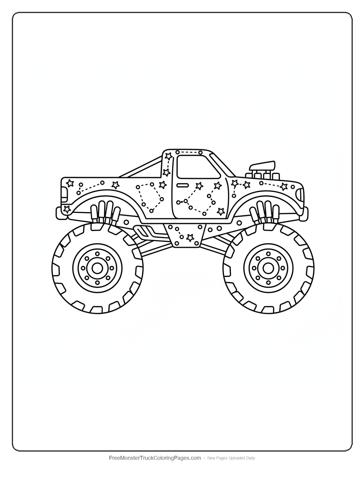 Monster truck with constellation patterns made of connected stars across the body and sides