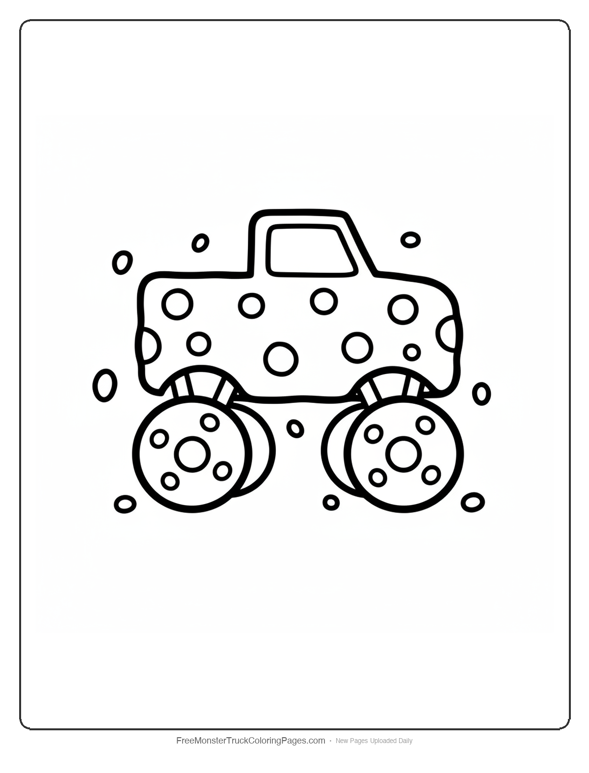 Black and white coloring page of a monster truck designed like a chocolate chip cookie with cookie crumb details