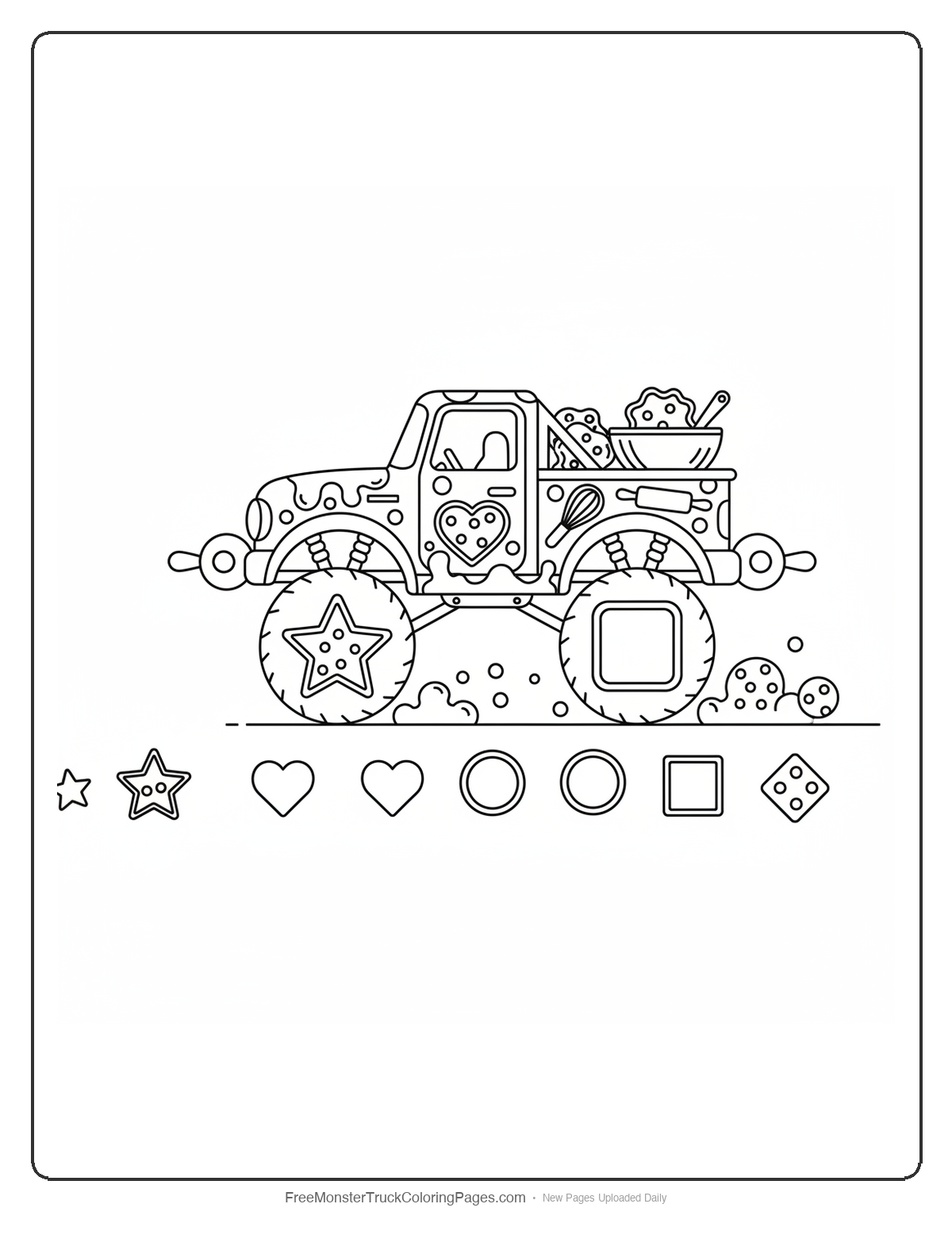 Black and white coloring page of a monster truck with cookie cutter shaped wheels making tracks
