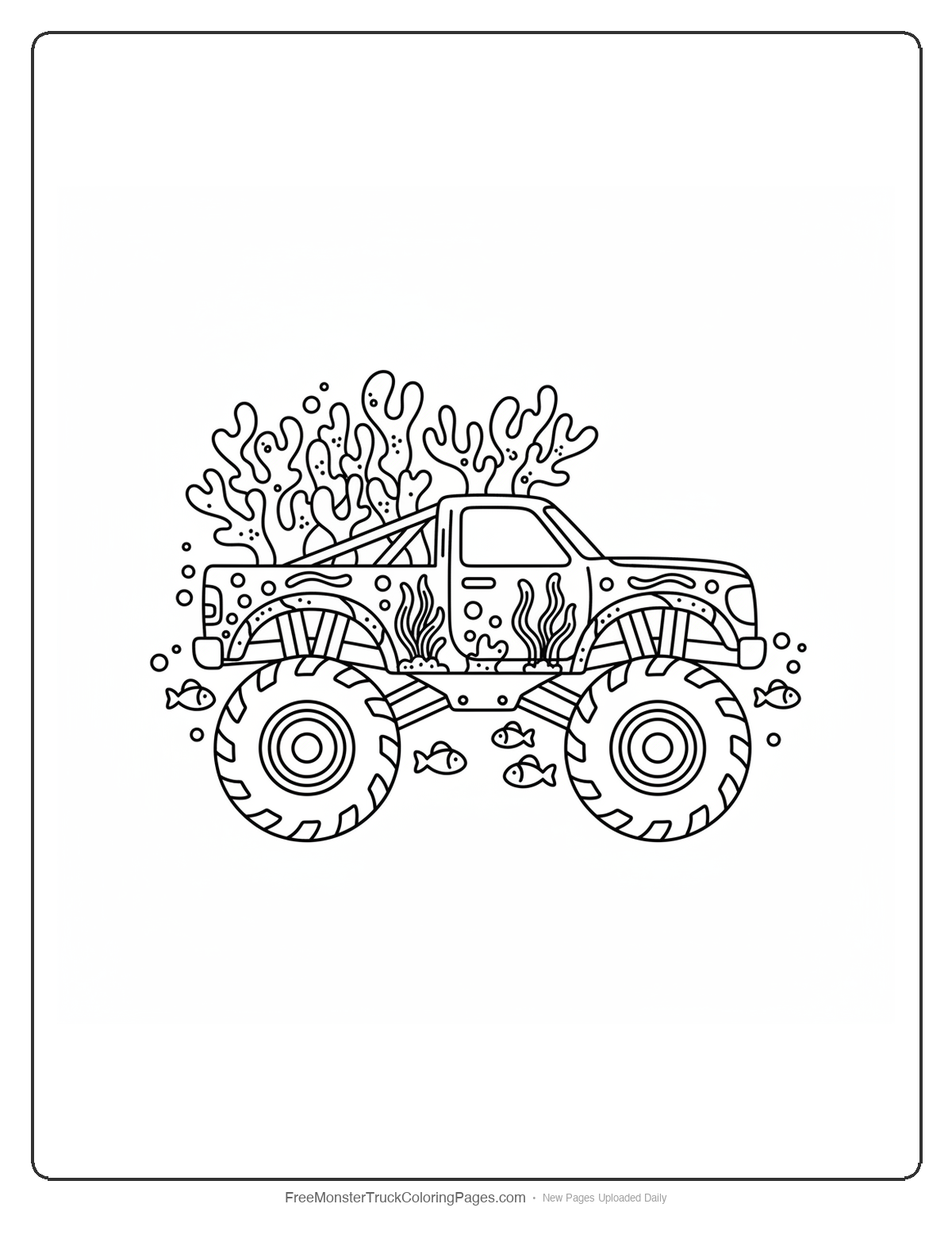 Monster truck coloring page with branching coral decorations and small fish swimming around the wheels