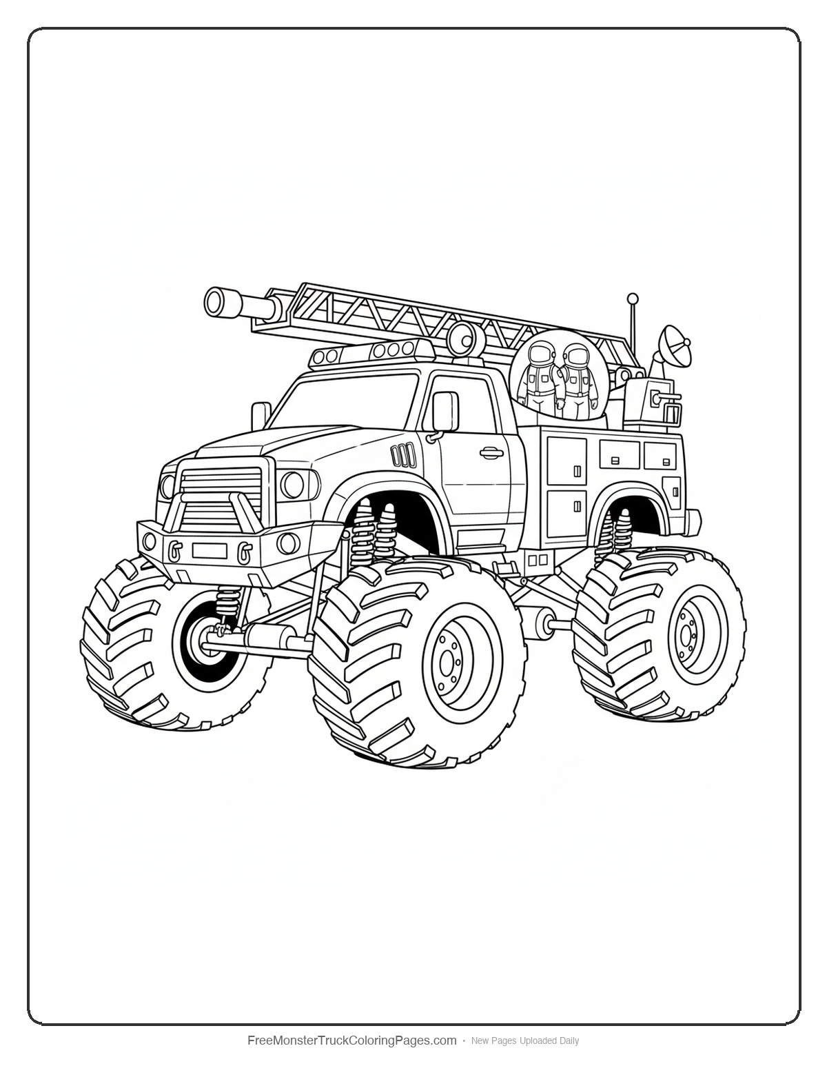 Black and white coloring page of a firefighter monster truck designed for space rescues with emergency equipment