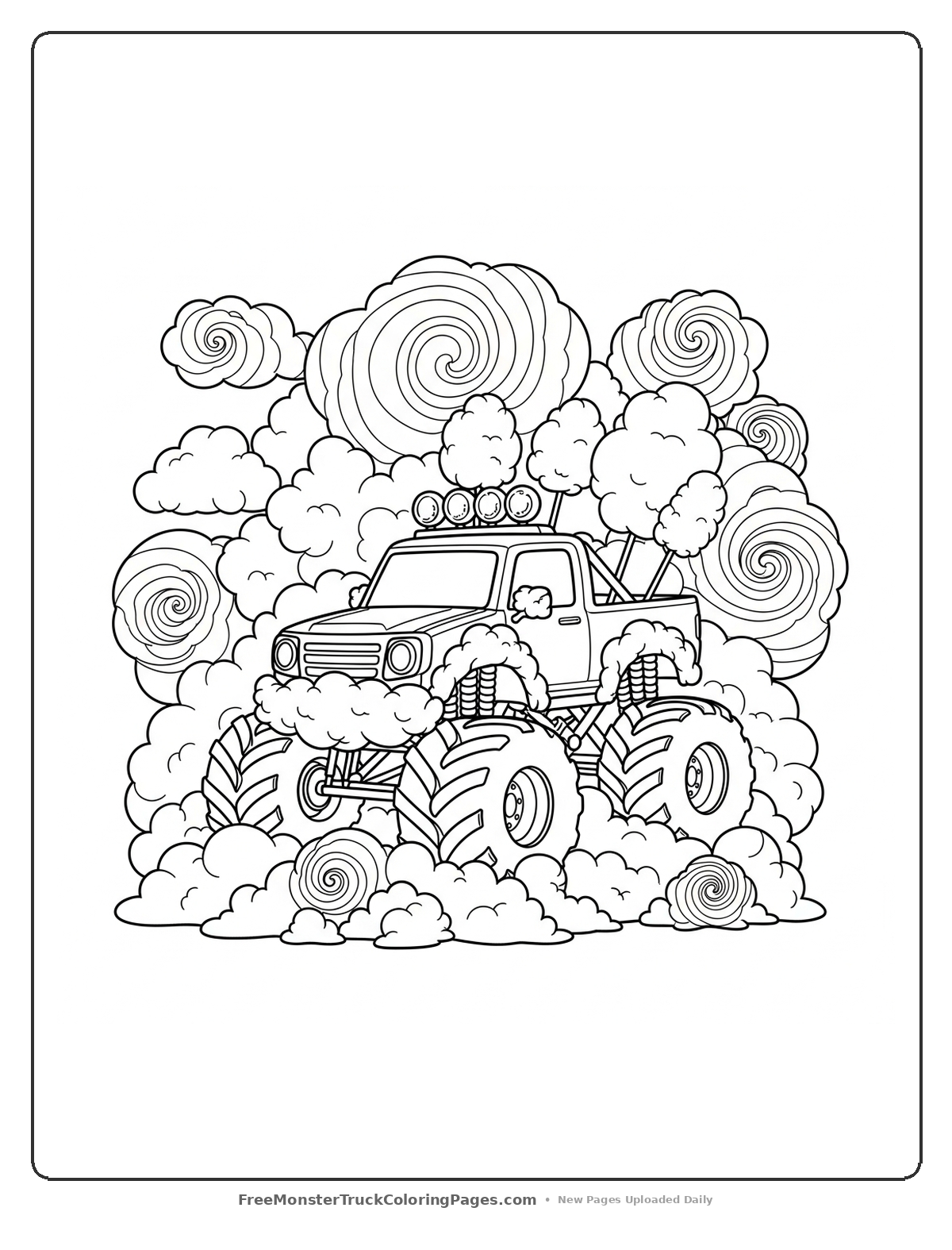 Coloring page of a monster truck surrounded by cotton candy cloud shapes with swirl patterns
