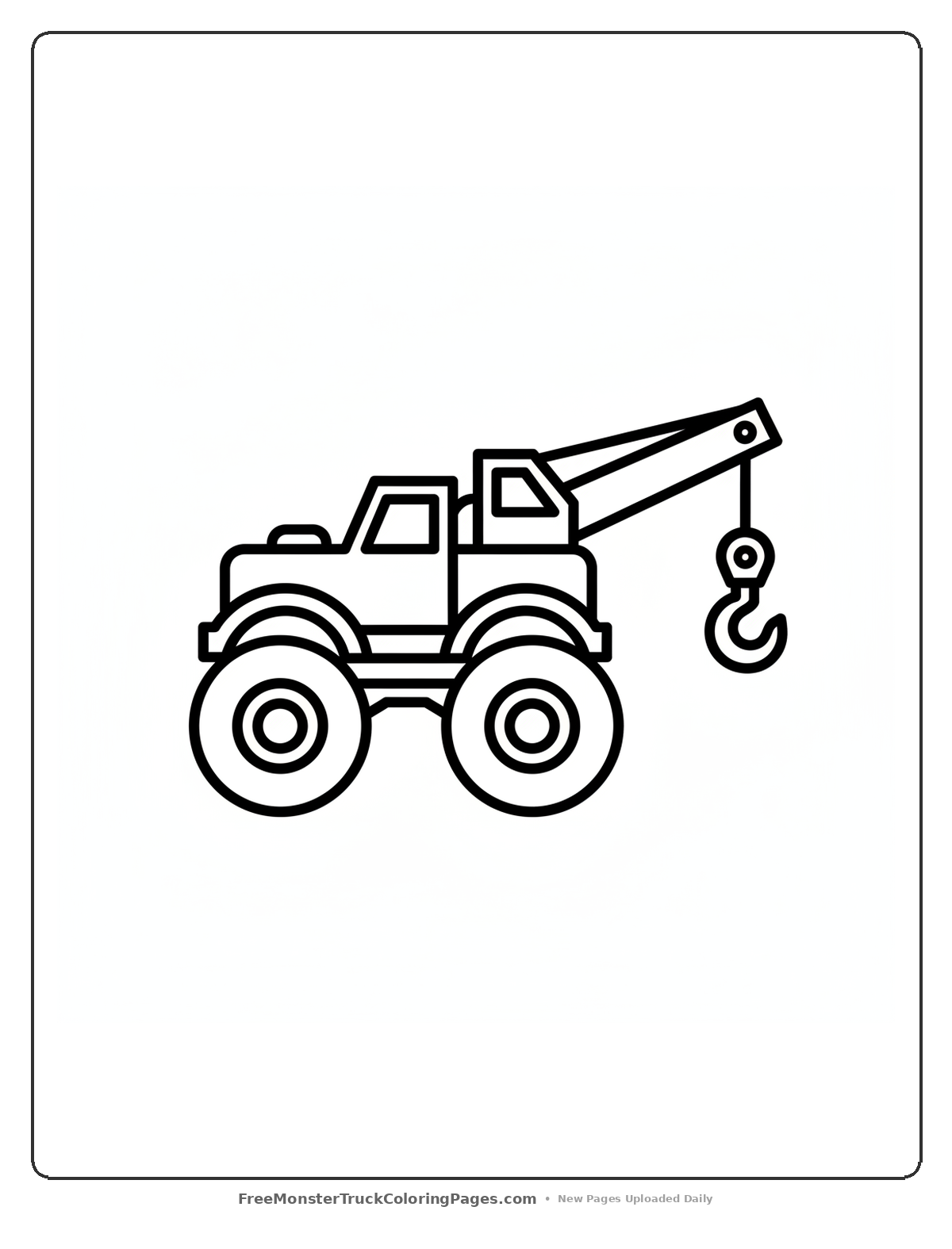 Black and white coloring page of a monster truck with a large crane arm attachment and oversized wheels