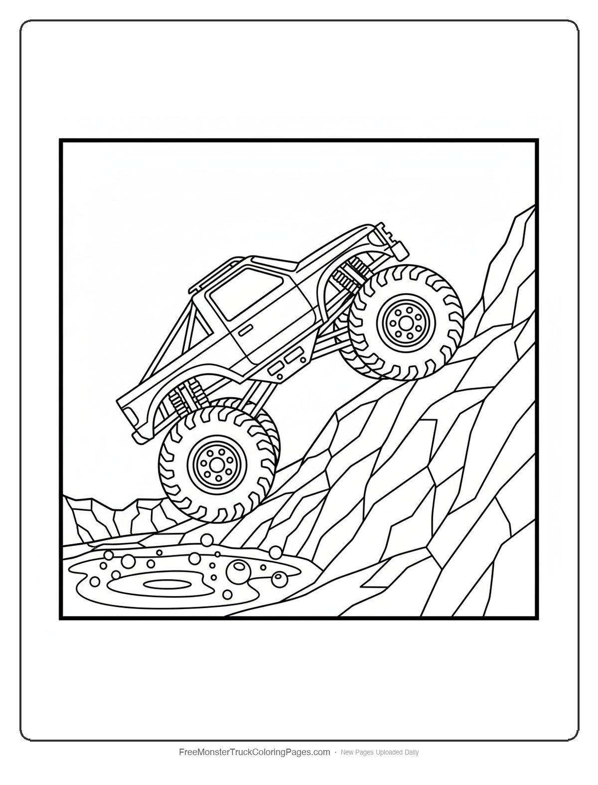 Monster truck coloring page climbing up steep volcano crater walls with detailed rocky surfaces and lava bubbles below