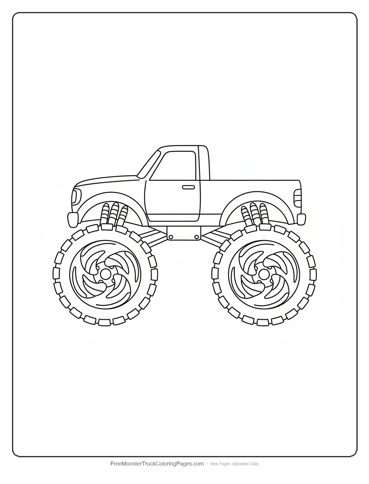 Black and white coloring page of a monster truck with four curved crocodile claw shapes as spokes on each wheel hub
