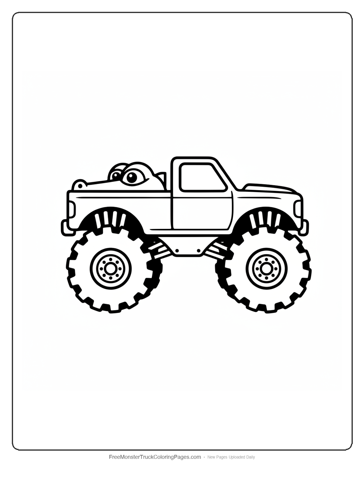 Black and white coloring page of a monster truck with two headlights sitting on raised dome bumps above the hood like crocodile eyes