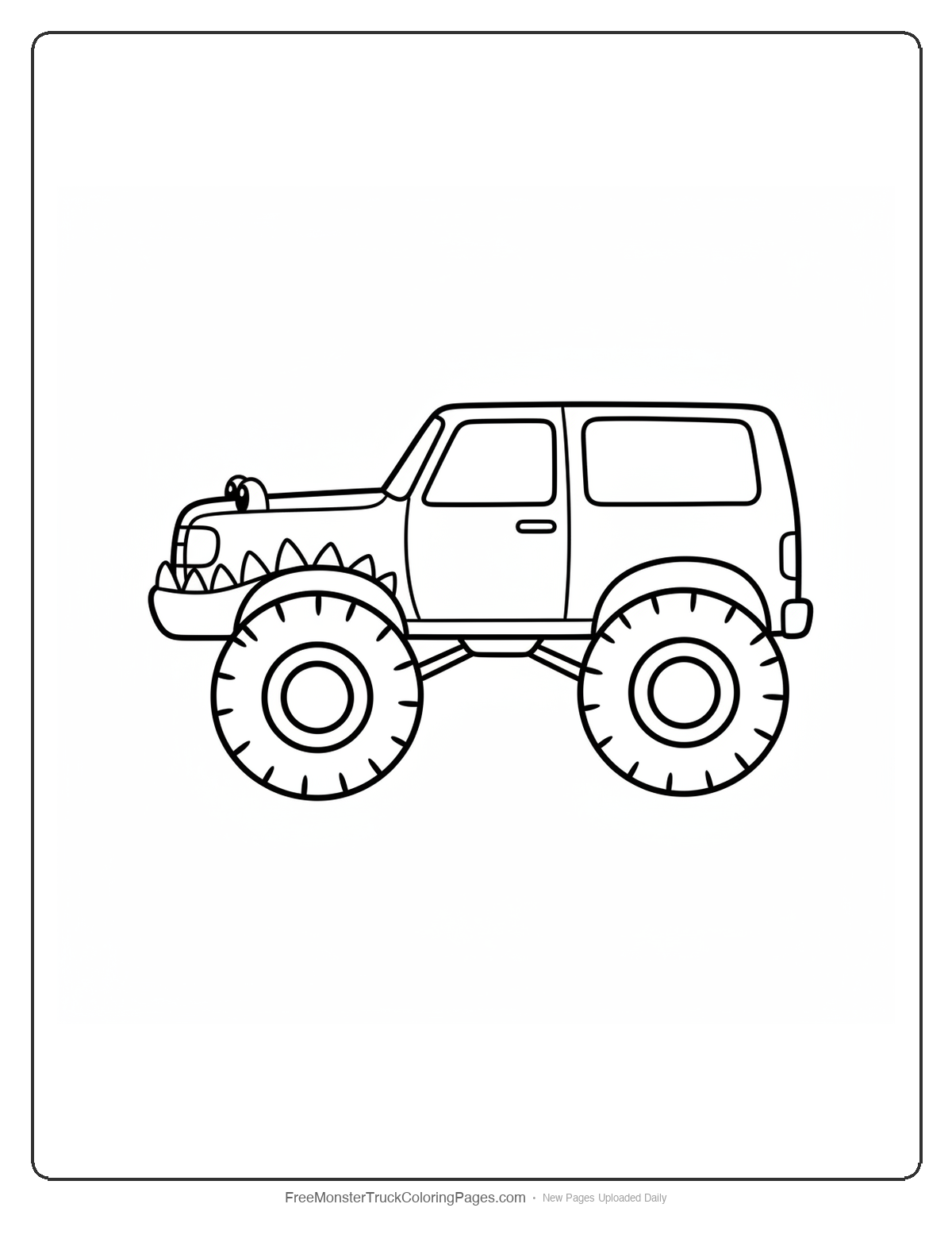 Black and white coloring page of a simple monster truck with a row of large crocodile teeth as the front grille and small eyes on the hood