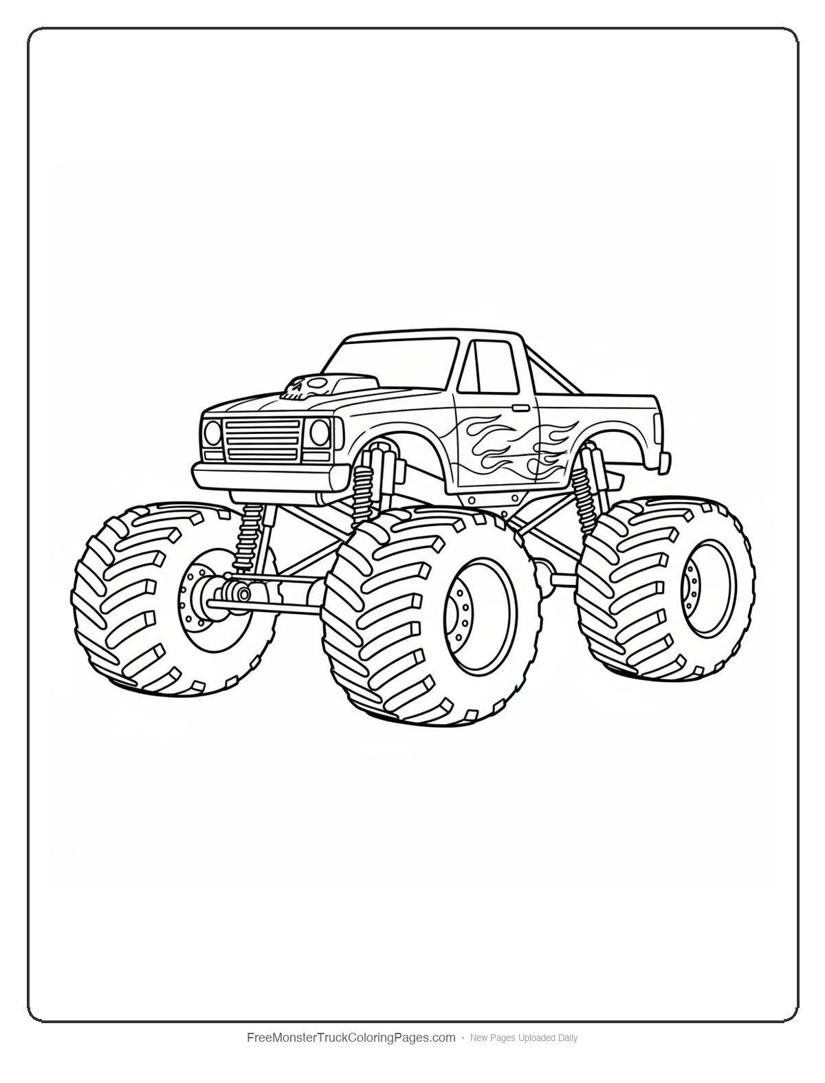 Black and white coloring page of a detailed monster truck with croissant designs and French bakery decorations
