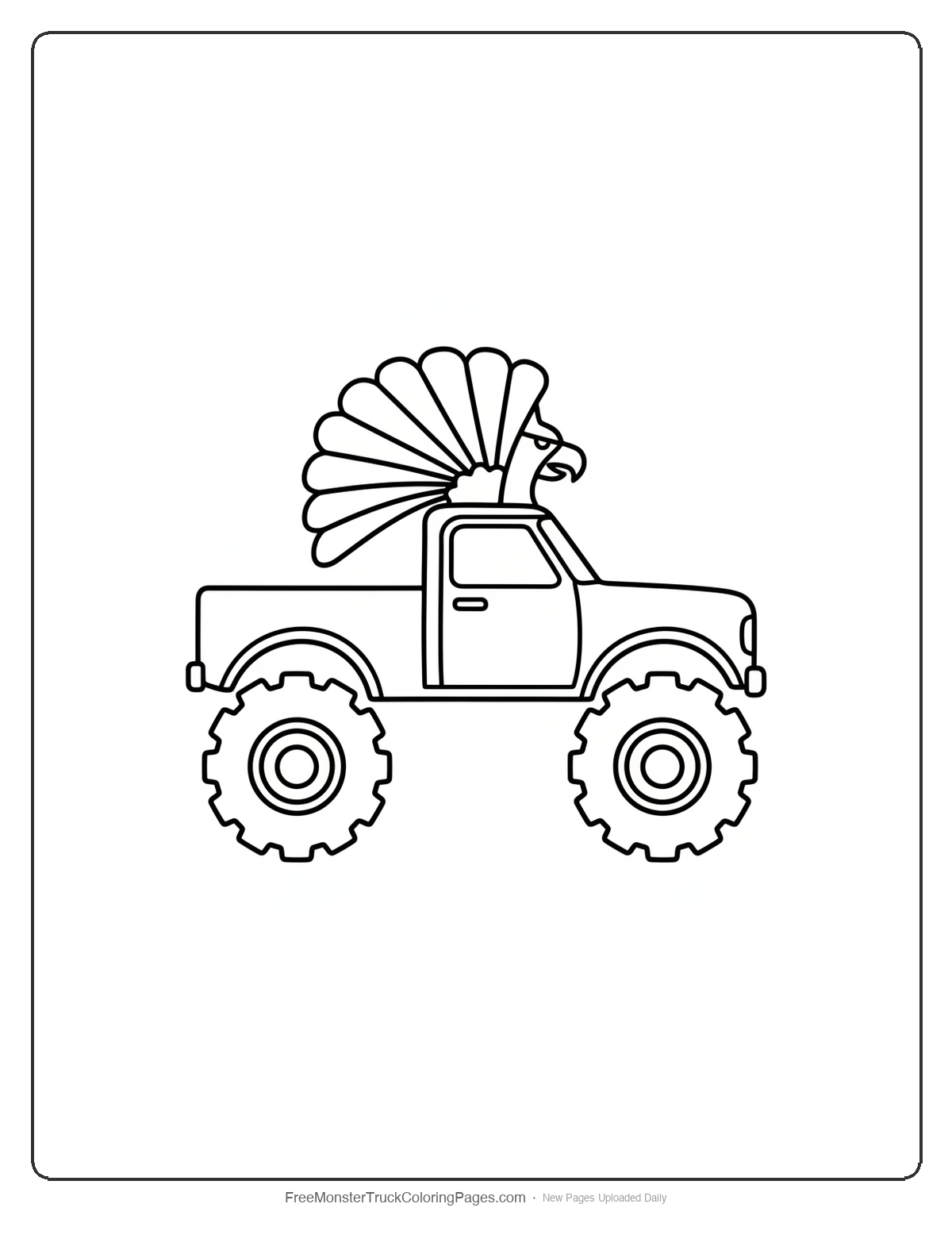 Black and white coloring page of a monster truck with a tall griffin head crest plume rising from the center of the cab roof