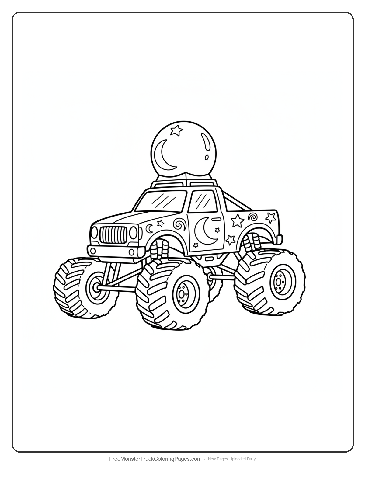 Monster truck coloring page featuring a large crystal ball on the roof with magical symbols and swirling decorative patterns