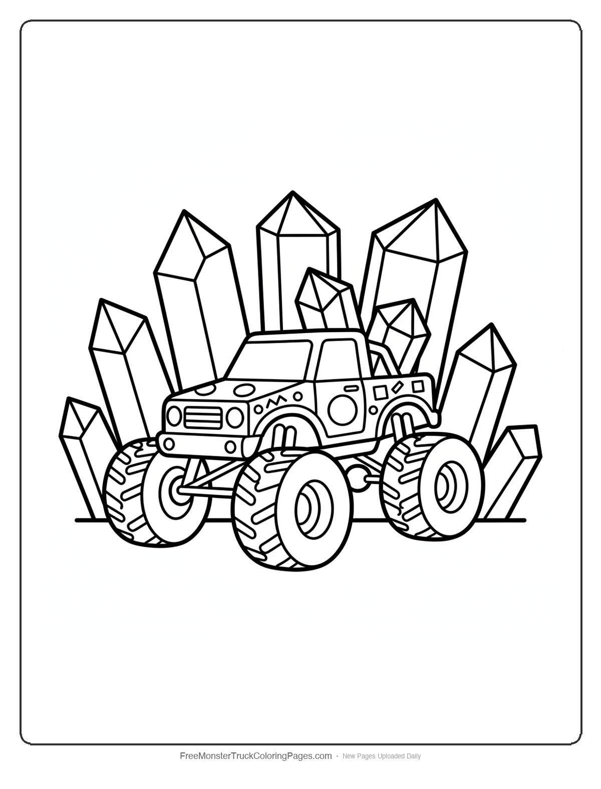 Black and white coloring page of a monster truck with simple crystal cave formations and basic geometric shapes