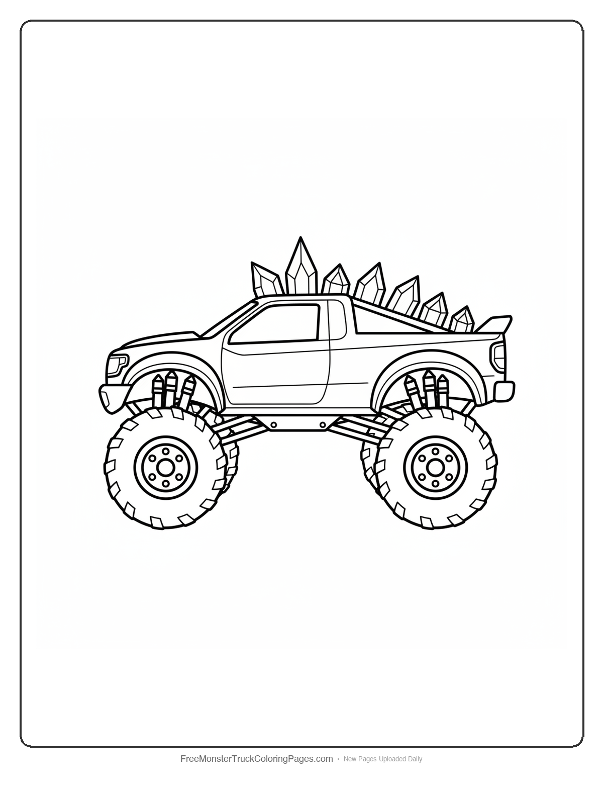 Black and white coloring page of a monster truck with a row of crystal horn spikes along the roof ridge like a mohawk crown