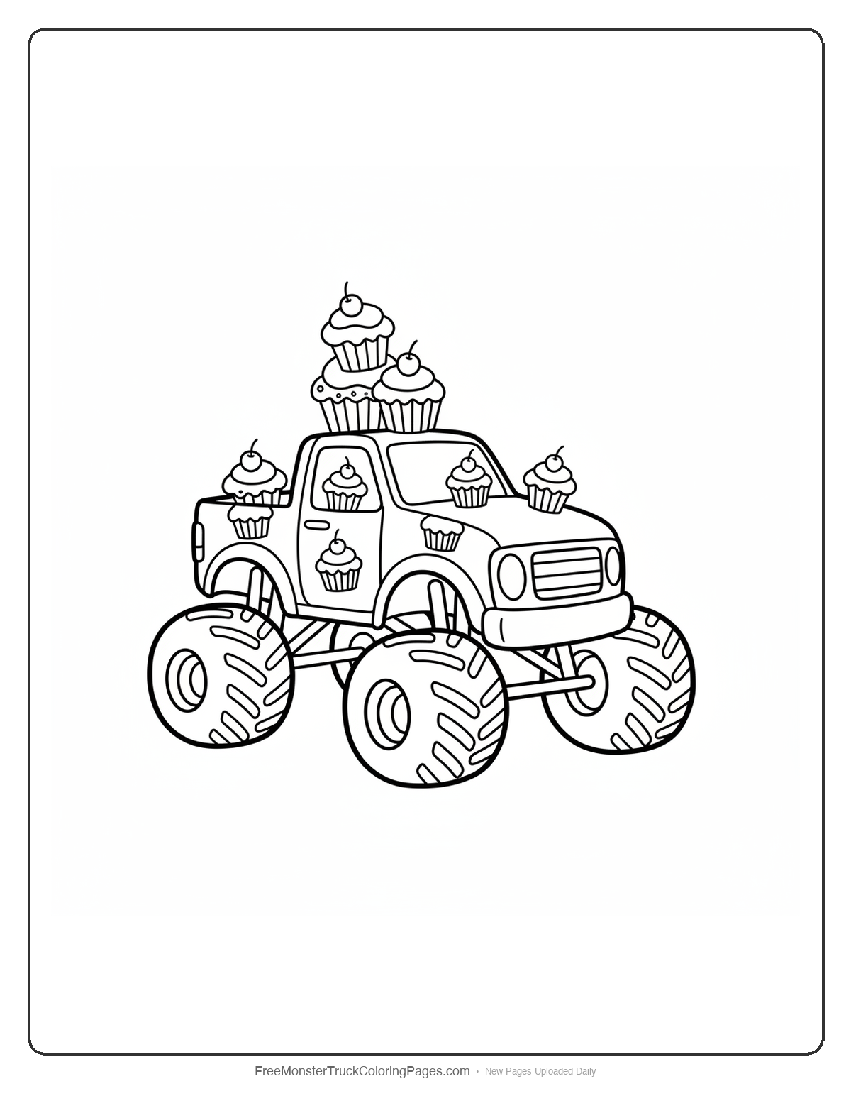 Black and white coloring page of a monster truck decorated with multiple cupcakes stacked on top and around the vehicle