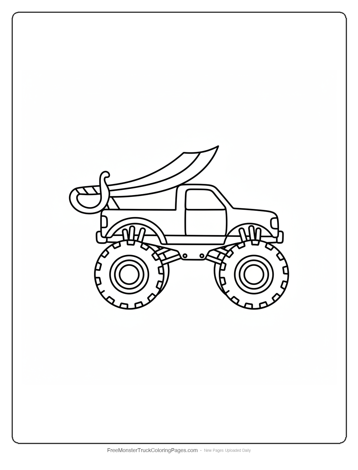 Black and white coloring page of a monster truck with a rear spoiler shaped like a curved pirate cutlass sword blade