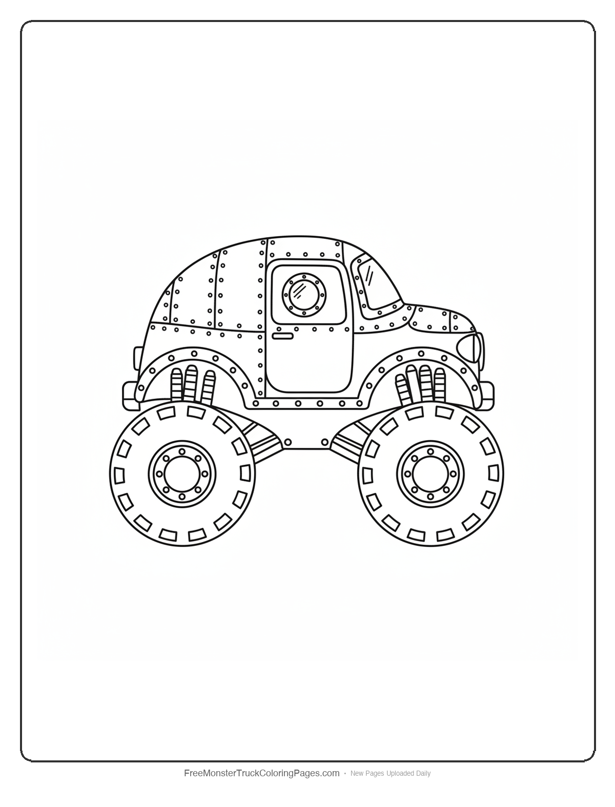 Black and white coloring page of a monster truck with the cab shaped like a deep sea diving bell dome covered in rivets with a porthole window
