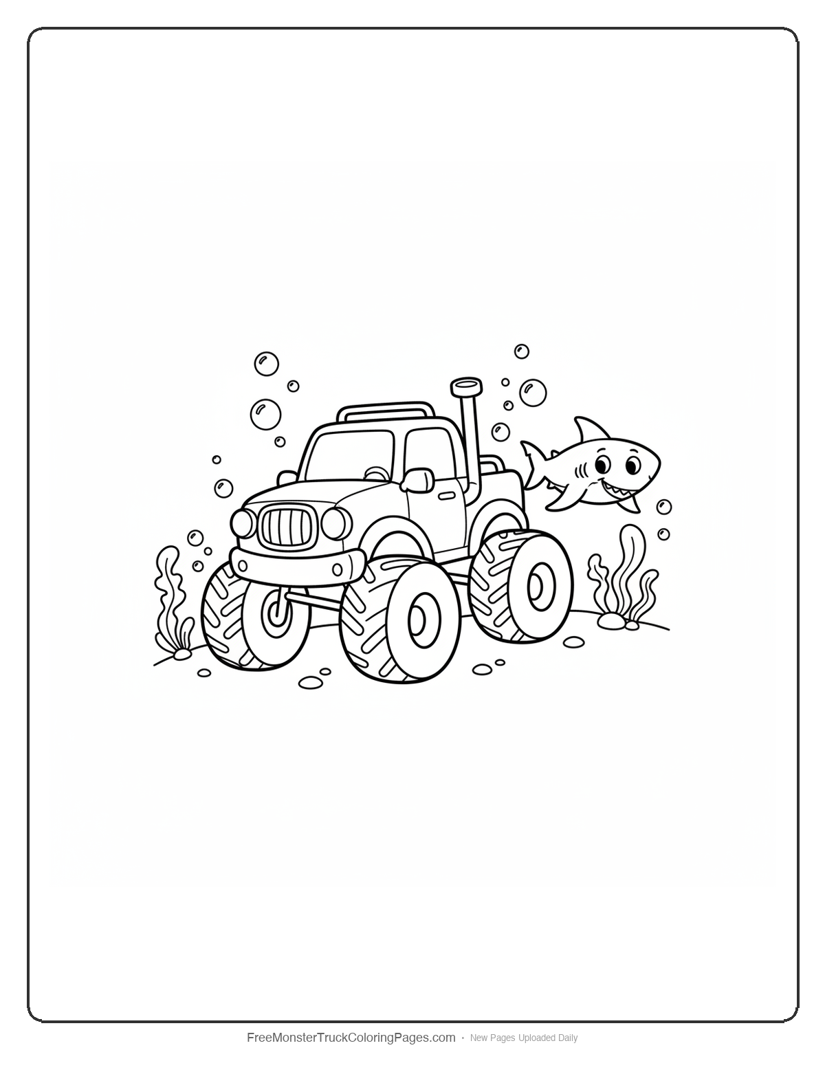Black and white coloring page of a simple monster truck driving underwater with bubbles and a shark friend