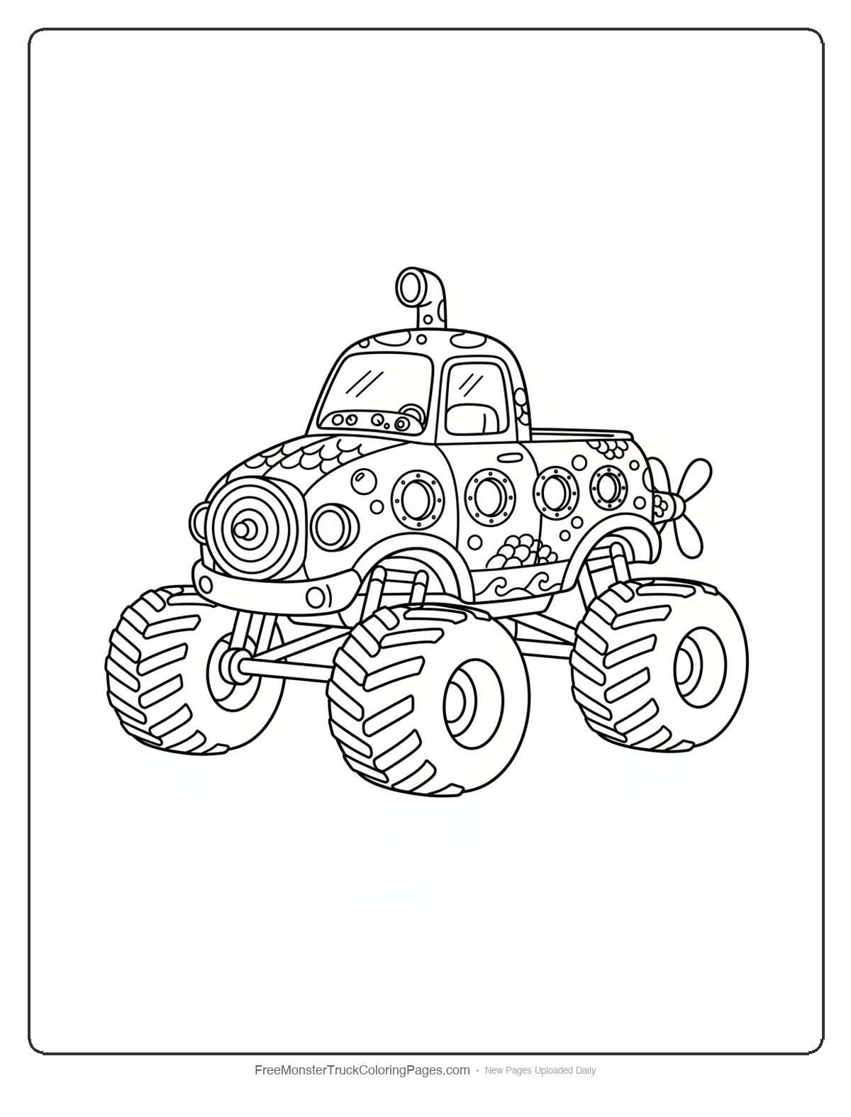 Complex monster truck coloring page designed like submarine with periscope, round portholes, propeller, and detailed control panels