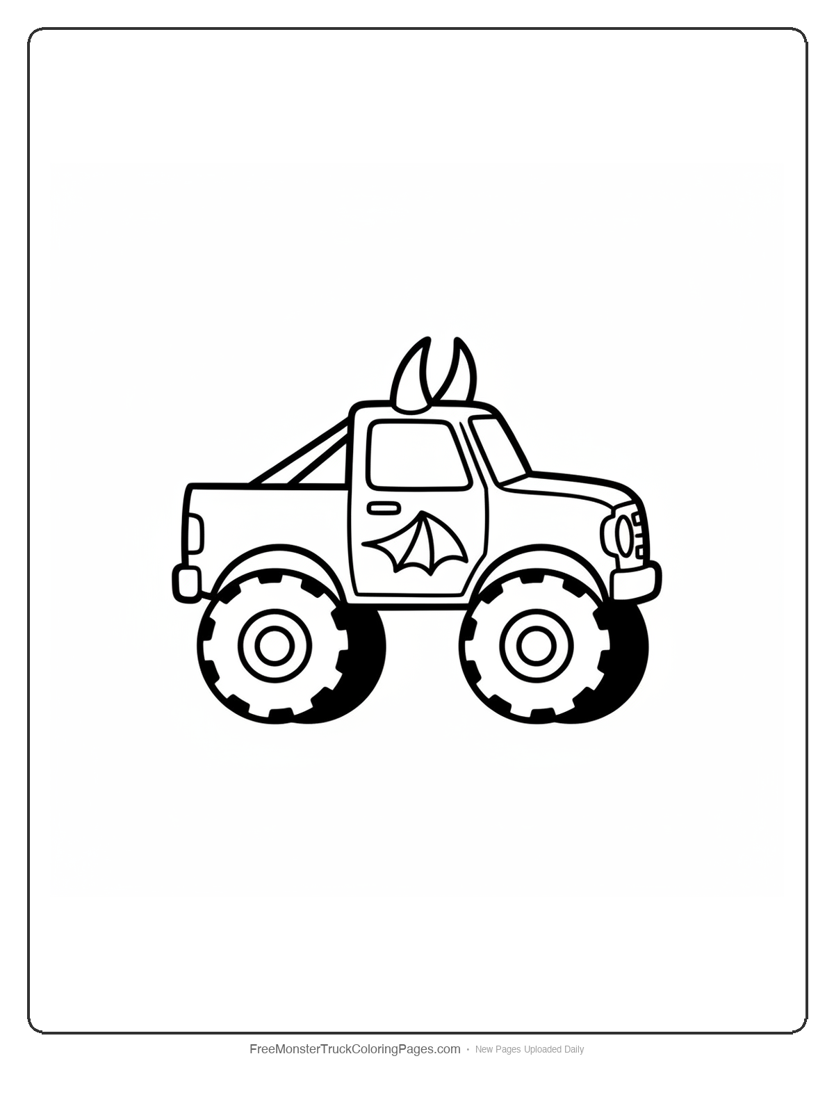 Black and white coloring page of a simple monster truck with two curved demon horns on the cab roof and small wings
