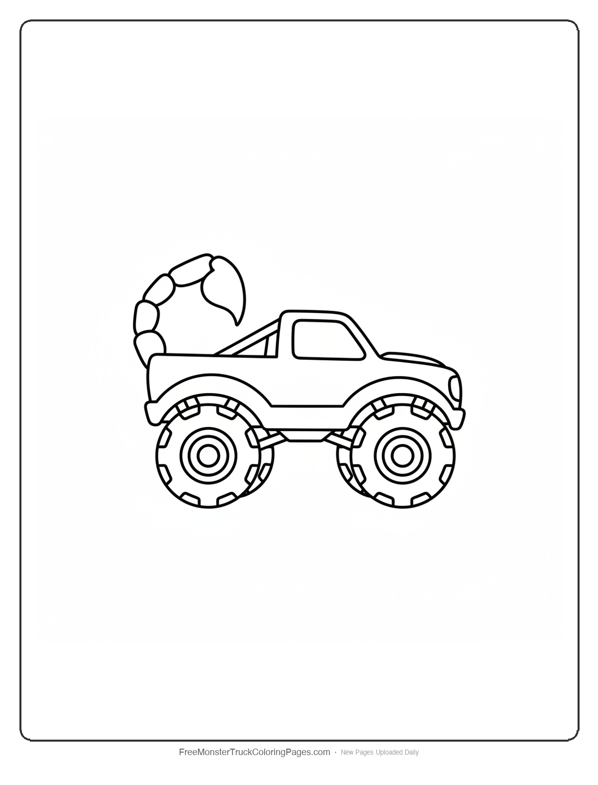 Black and white coloring page of a simple wide flat monster truck with a single large curving scorpion tail at the rear