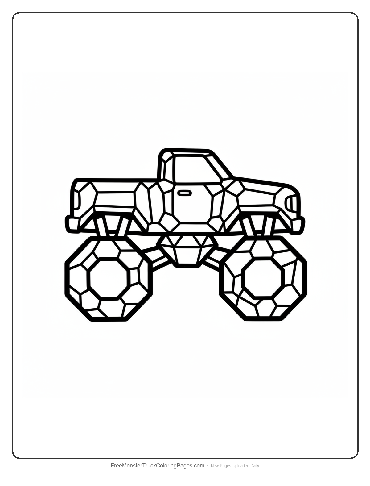 Black and white coloring page of a monster truck made of diamond crystals with geometric patterns