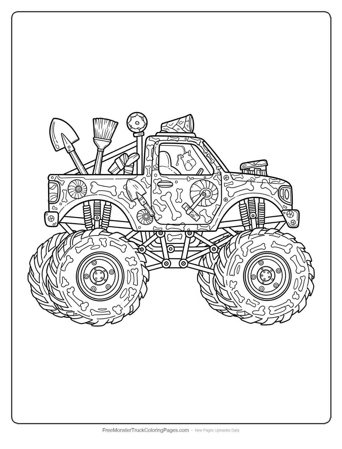 Black and white coloring page of a monster truck with digging equipment and fossil bone patterns decorating the body