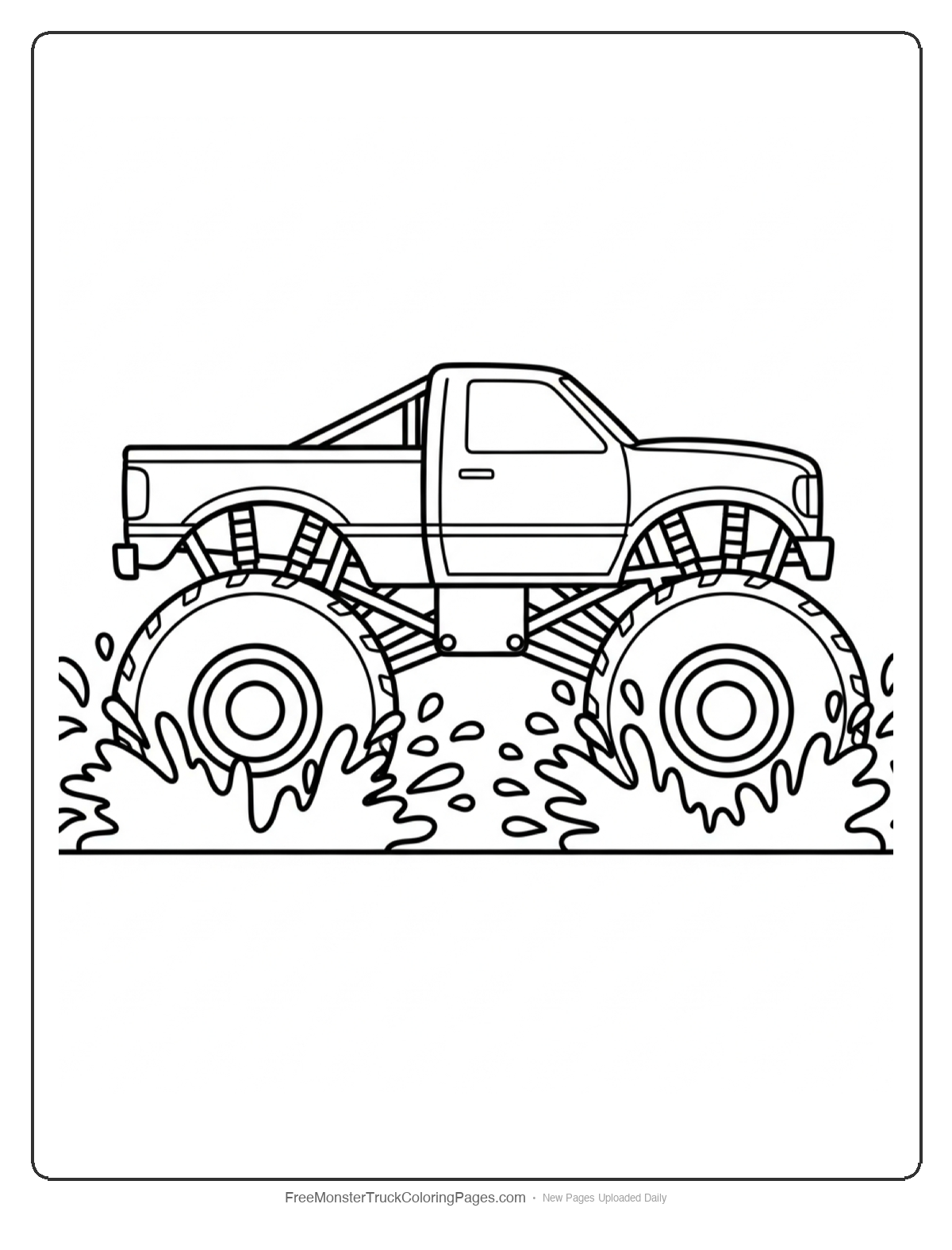 Black and white coloring page of Dirt Rampage monster truck racing through mud with dirt flying