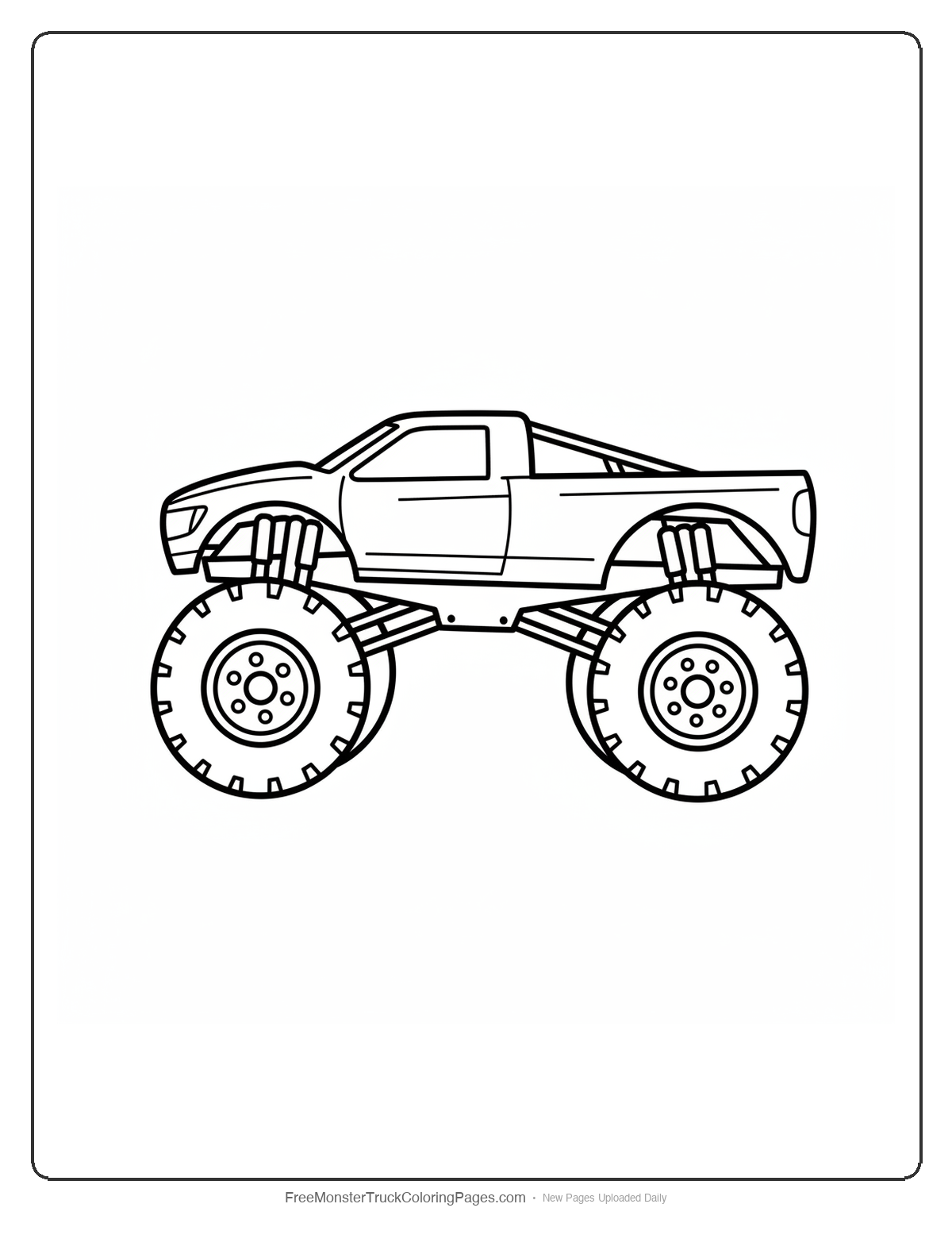 Black and white coloring page of a monster truck angled nose-down with front wheels lower than rear in a hawk dive pose