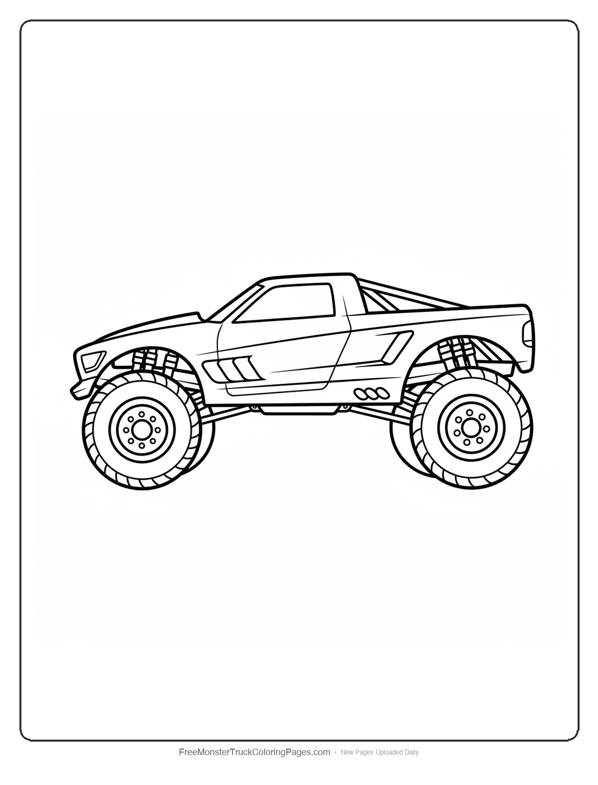 Black and white coloring page of a monster truck with a steep nose-down wedge shape like a diving falcon