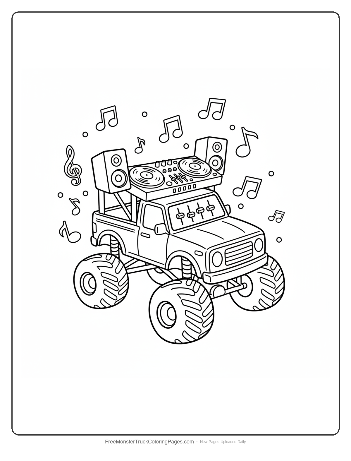 Black and white coloring page of a monster truck with DJ turntables and speakers, surrounded by musical notes