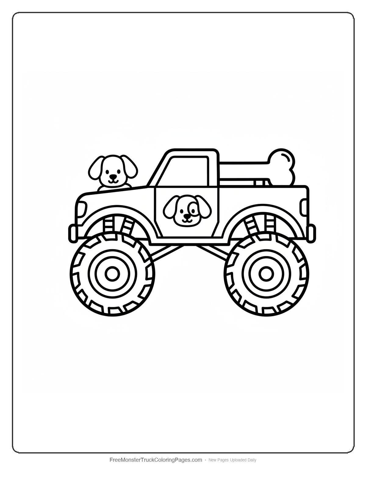 Black and white coloring page of a simple monster truck with a rear spoiler shaped like a giant dog bone and one dog head on the hood