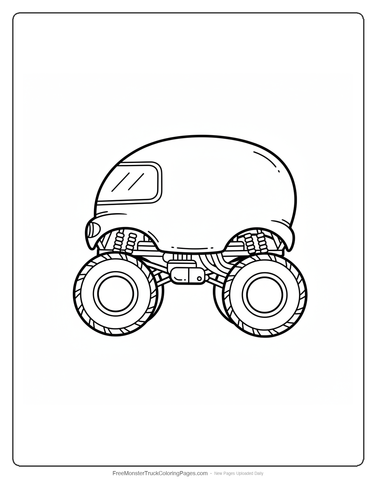 Black and white coloring page of a monster truck with a smooth round dome shaped cab like an octopus head