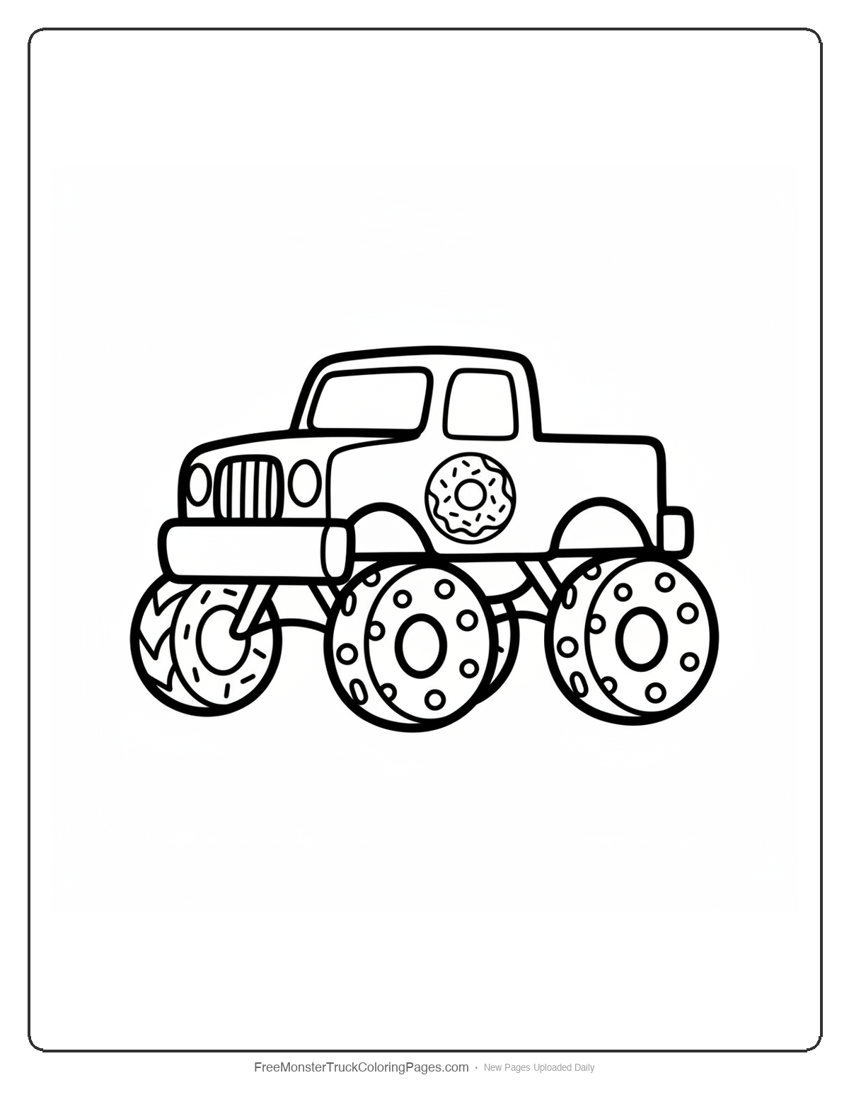 Black and white coloring page of a monster truck with large donut-shaped wheels covered in sprinkles