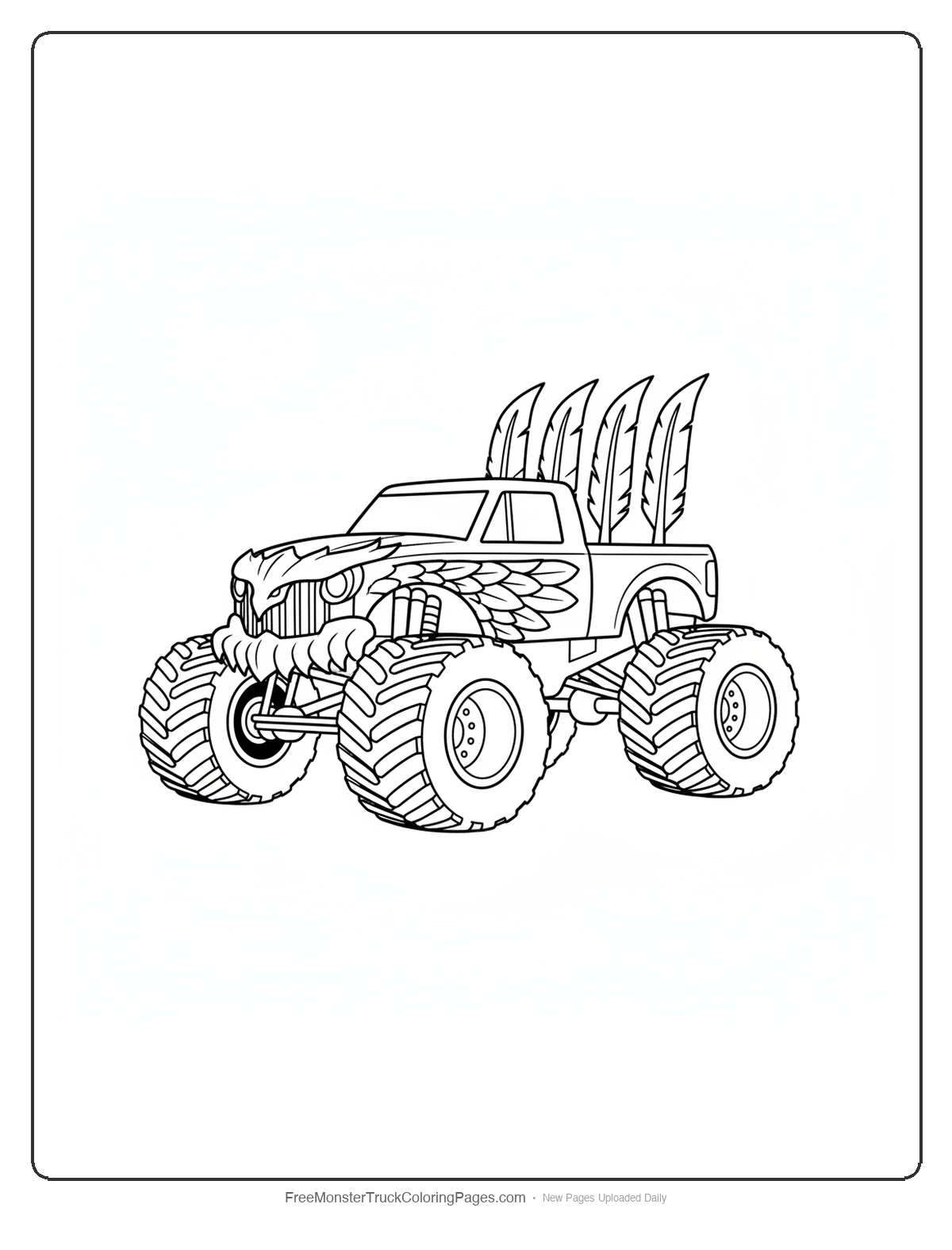 Black and white coloring page of a monster truck with four feather-quill exhaust stacks and armored eagle chest grille