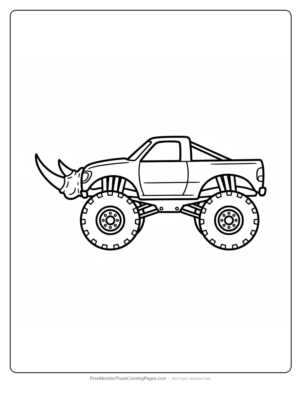 Black and white coloring page of a monster truck with two rhino horns side by side on the front bumper