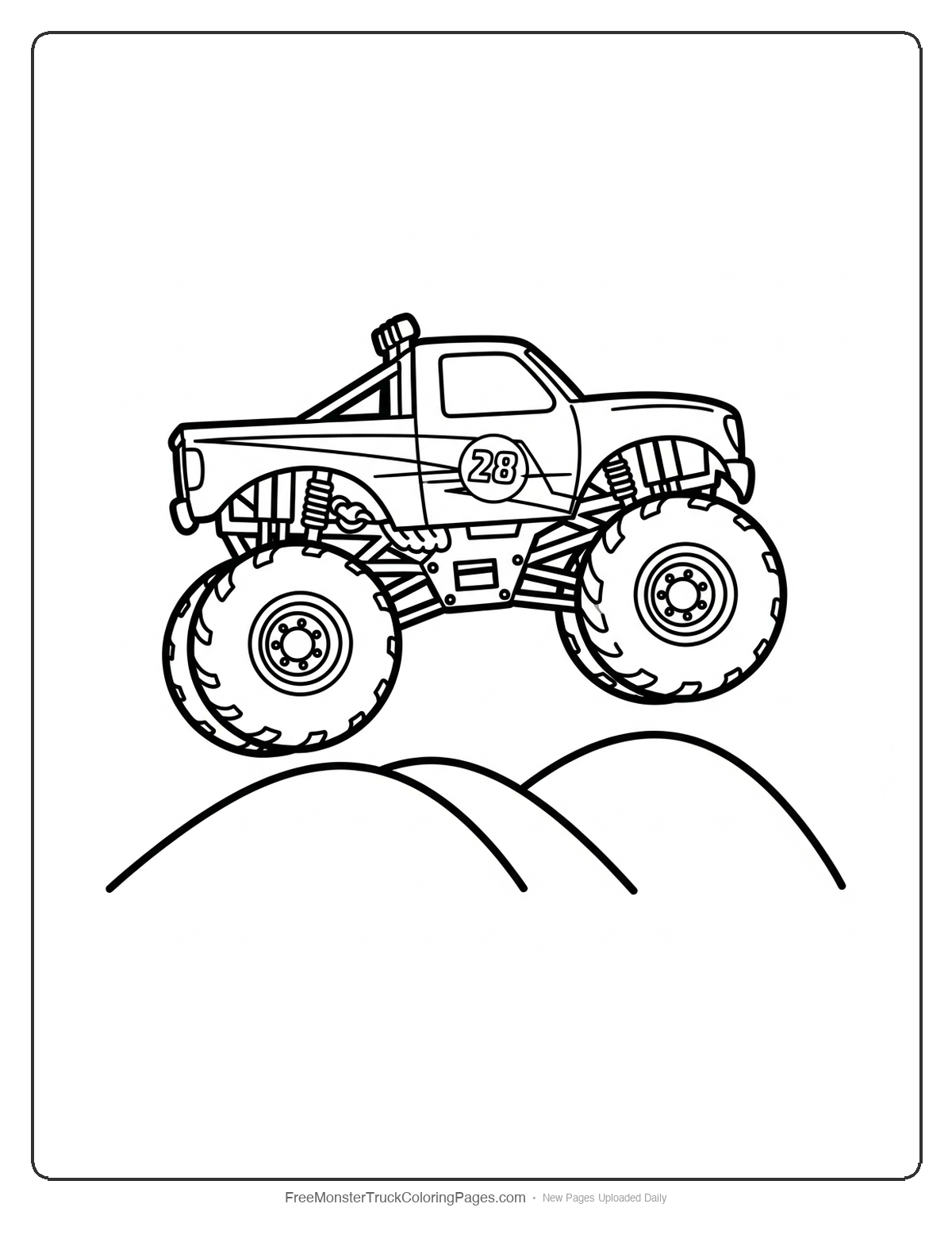 Black and white coloring page of a monster truck jumping over two obstacles with moderate detail and clear outlines