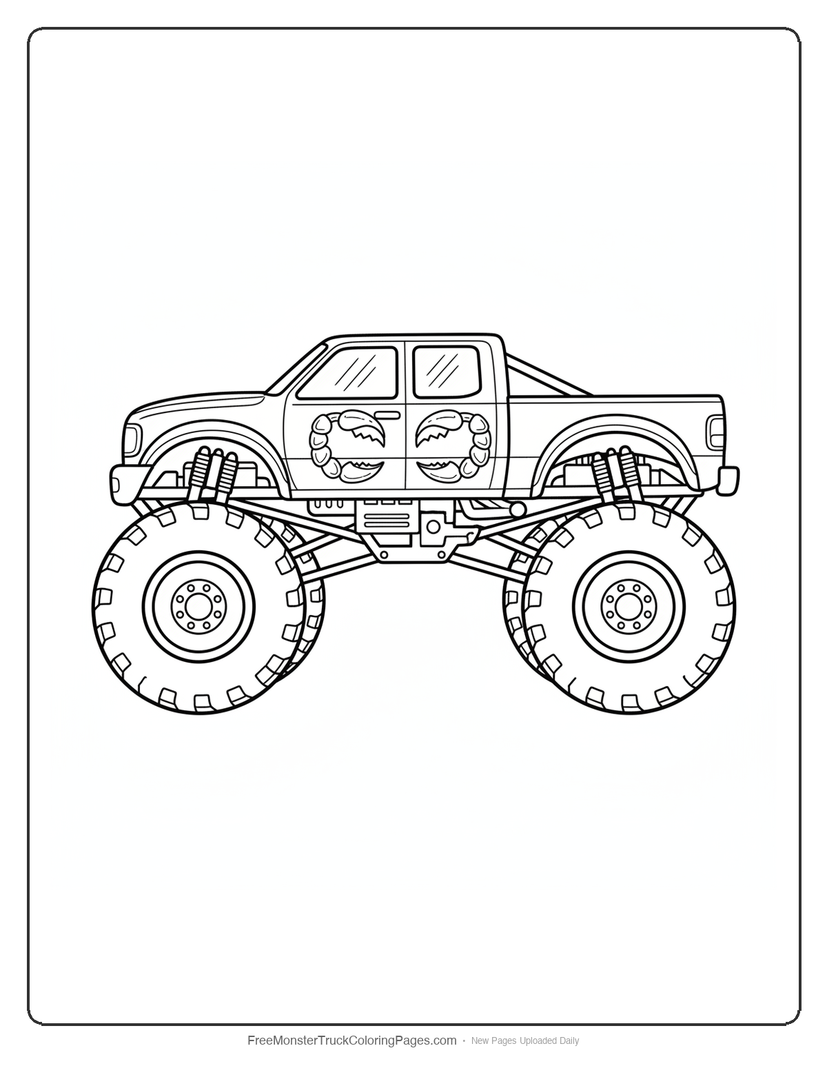 Black and white coloring page of a monster truck where each door panel is shaped like an open scorpion pincer claw