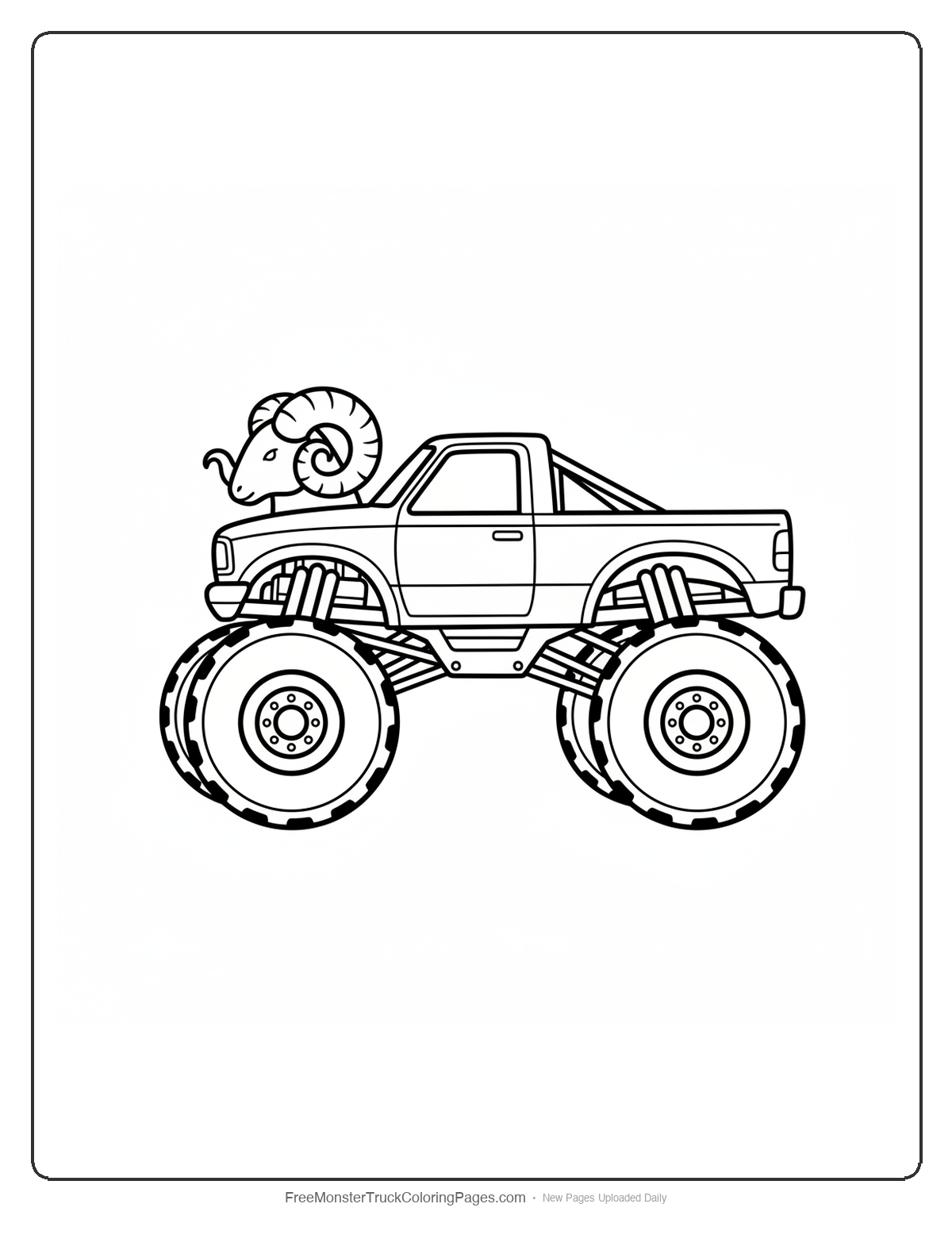 Black and white coloring page of a monster truck with two ram head sculptures on the hood with horns curling outward