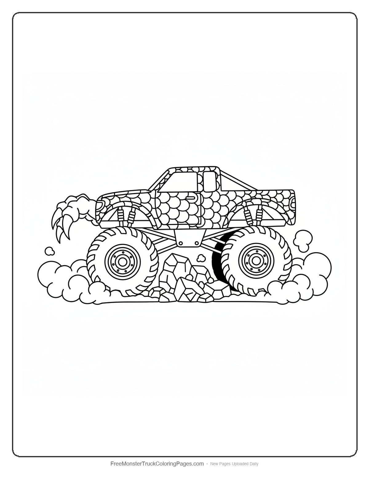 Black and white coloring page of a monster truck with dragon claw bumper crushing rocks, covered in dragon scales