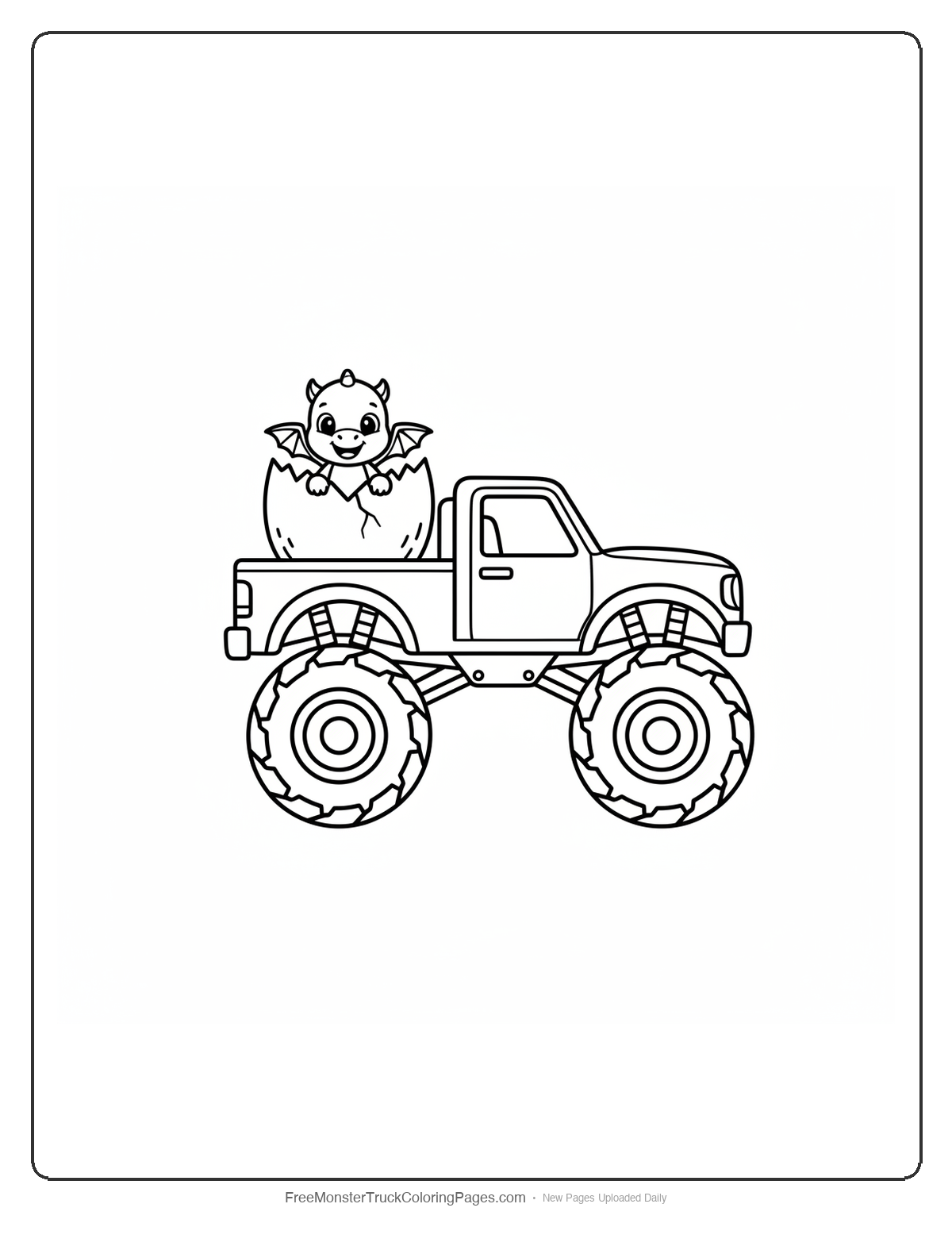 Black and white coloring page of a simple monster truck carrying a large cracked egg with a baby dragon peeking out