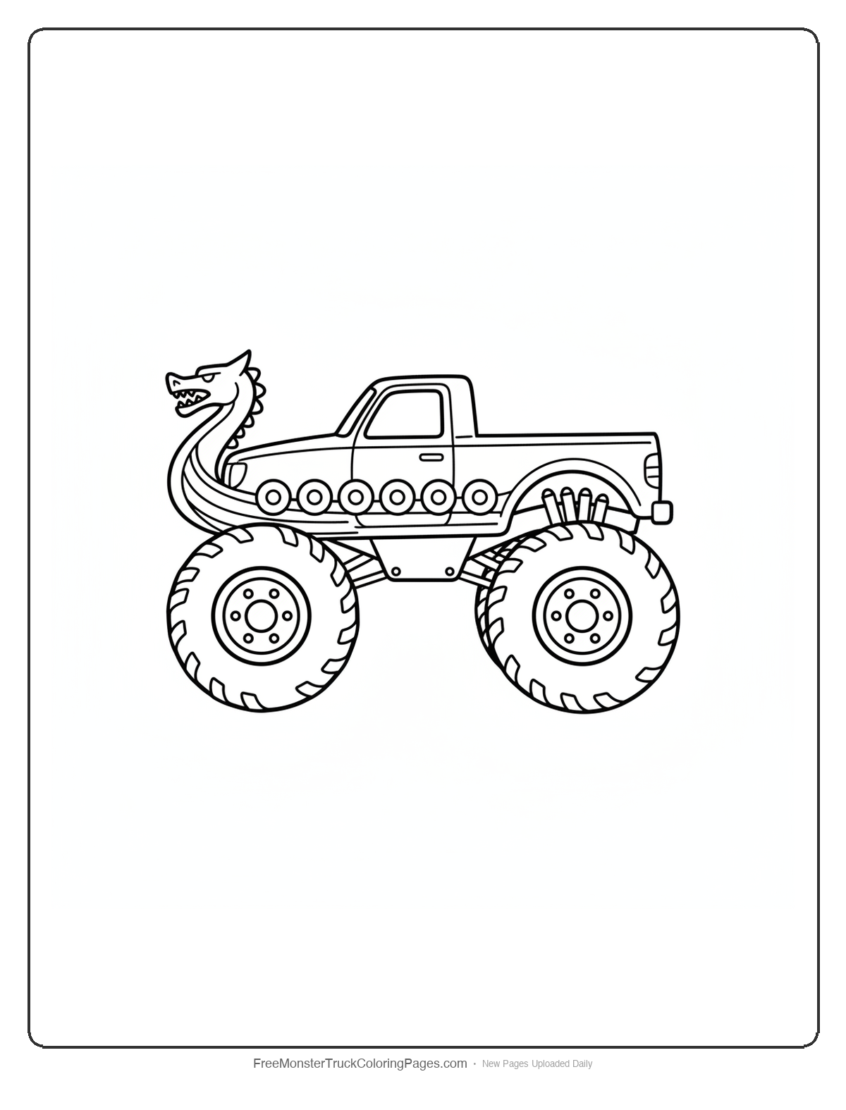 Black and white coloring page of a monster truck with a hood shaped like the carved dragon prow of a viking longship
